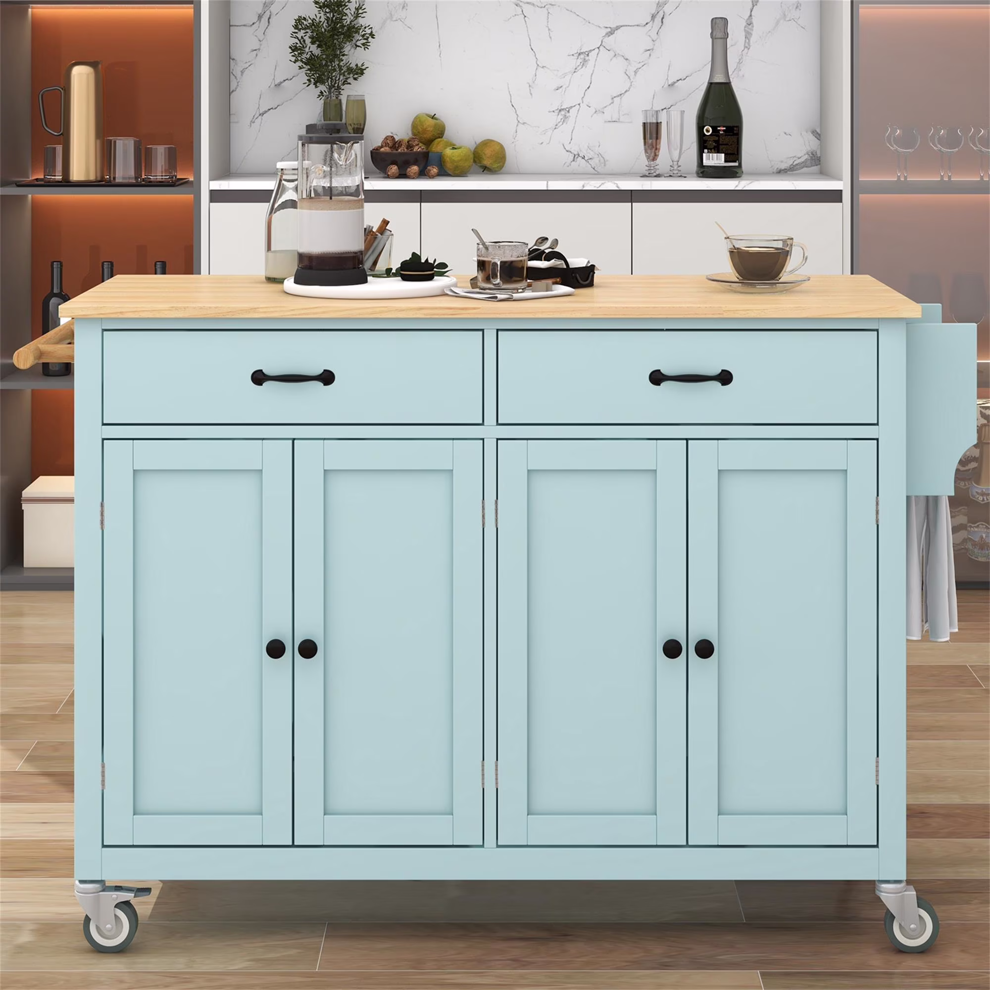 Kadyn Moveable Kitchen Island Cart, Rolling Bar Cart with 4 Door Cabinet and Two Drawers and 2 Locking Wheels, Kitchen Cart for Kitchen, Green