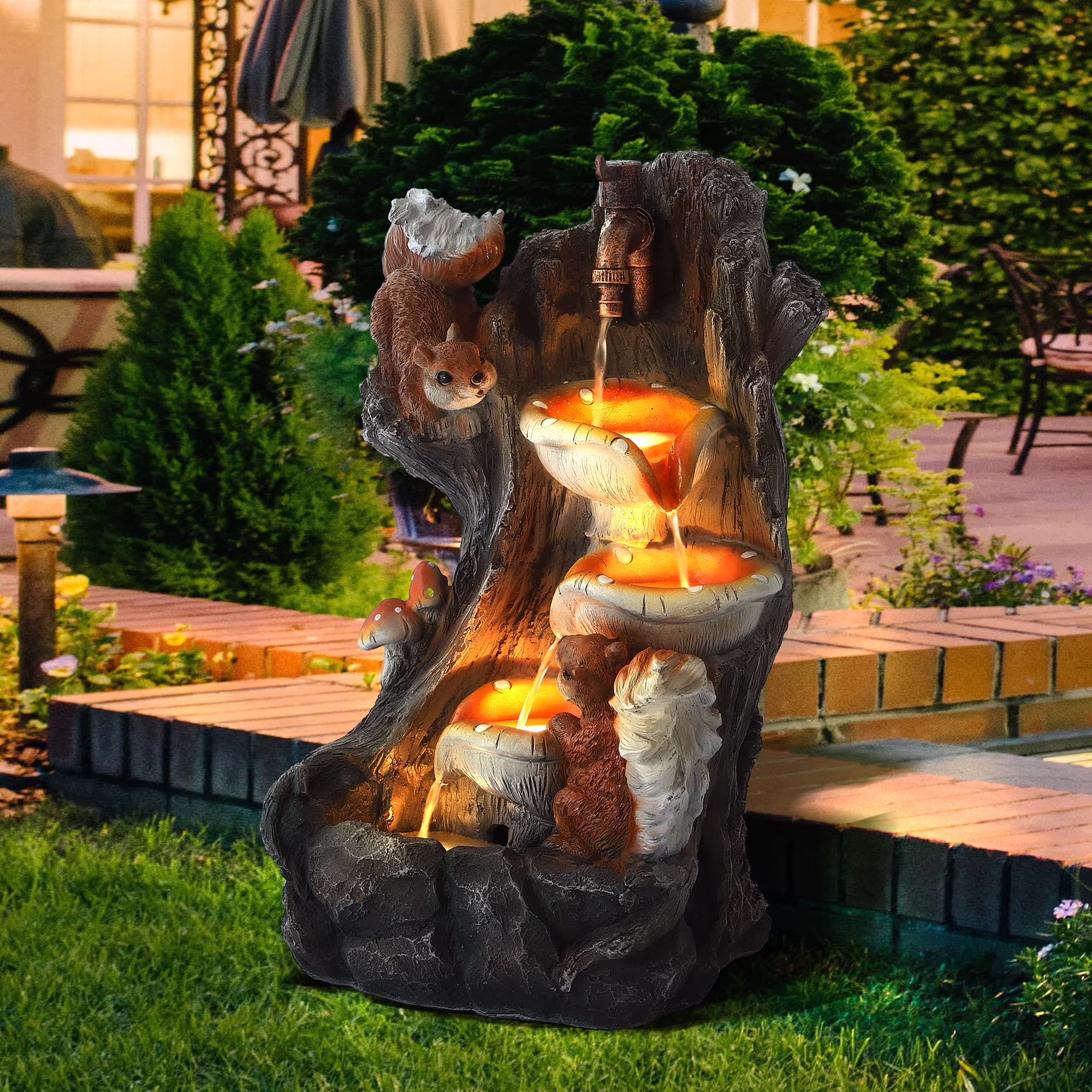 Magic Union Outdoor Water Fountain, Garden Decor Outside Indoor Waterfall Cascading Rock Fountain with Retro Decorative Faucet, Patio Resin Fountains for Yard, Deck, Porch and Home, Imitation Stump