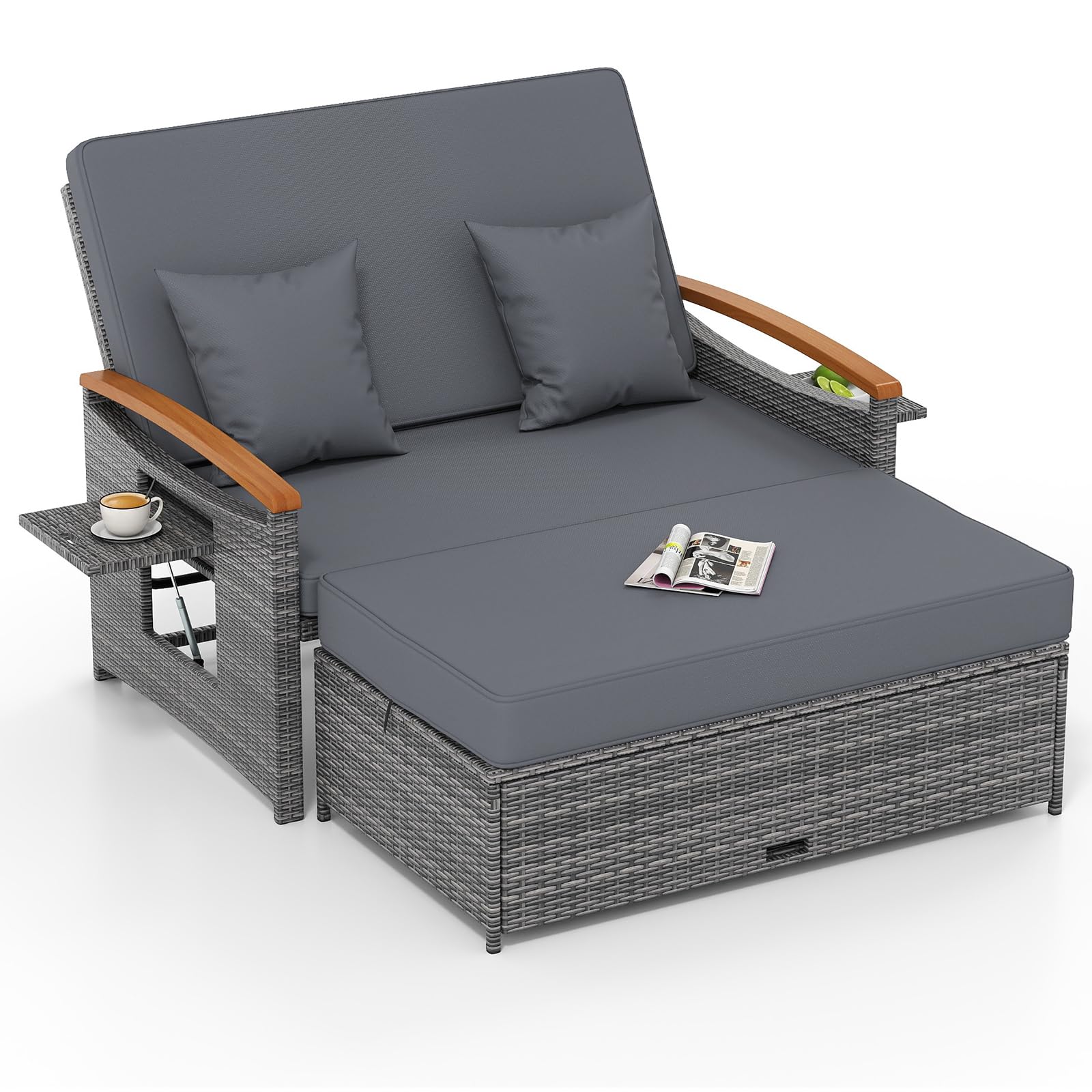 Tangkula Patio Rattan Daybed with 4-Level Adjustable Backrest