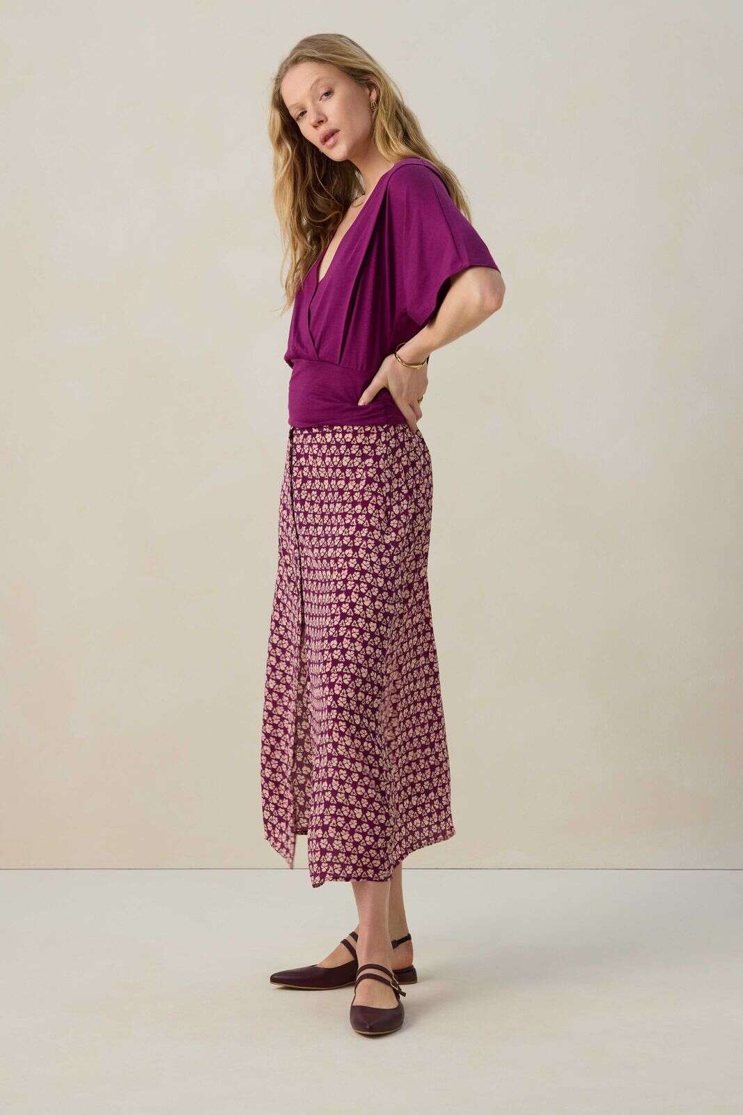Donkerpaarse midi rok met print