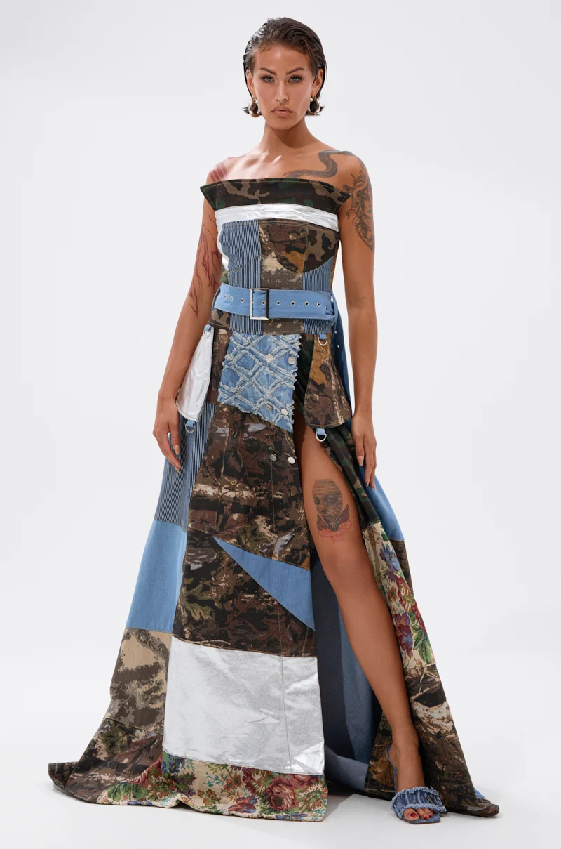 STRAPLESS TRENCH MAXI DRESS WITH PATCHWORK DETAIL - Akira Store