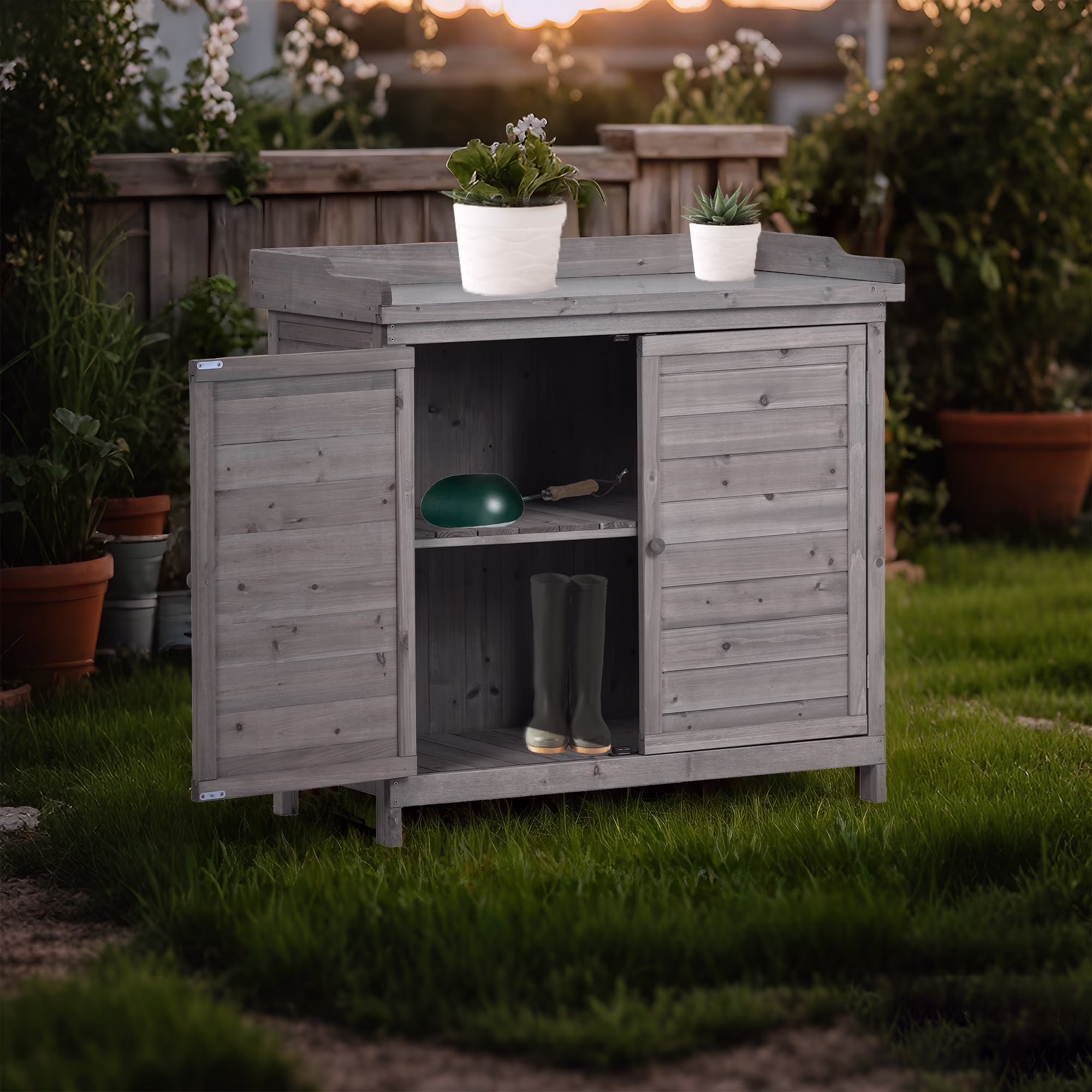 YIYADO Outdoor 39 Potting Bench Table, Rustic Garden Wood Workstation Storage Cabinet Garden Shed with 2-Tier Shelves and Side Hook, Grey