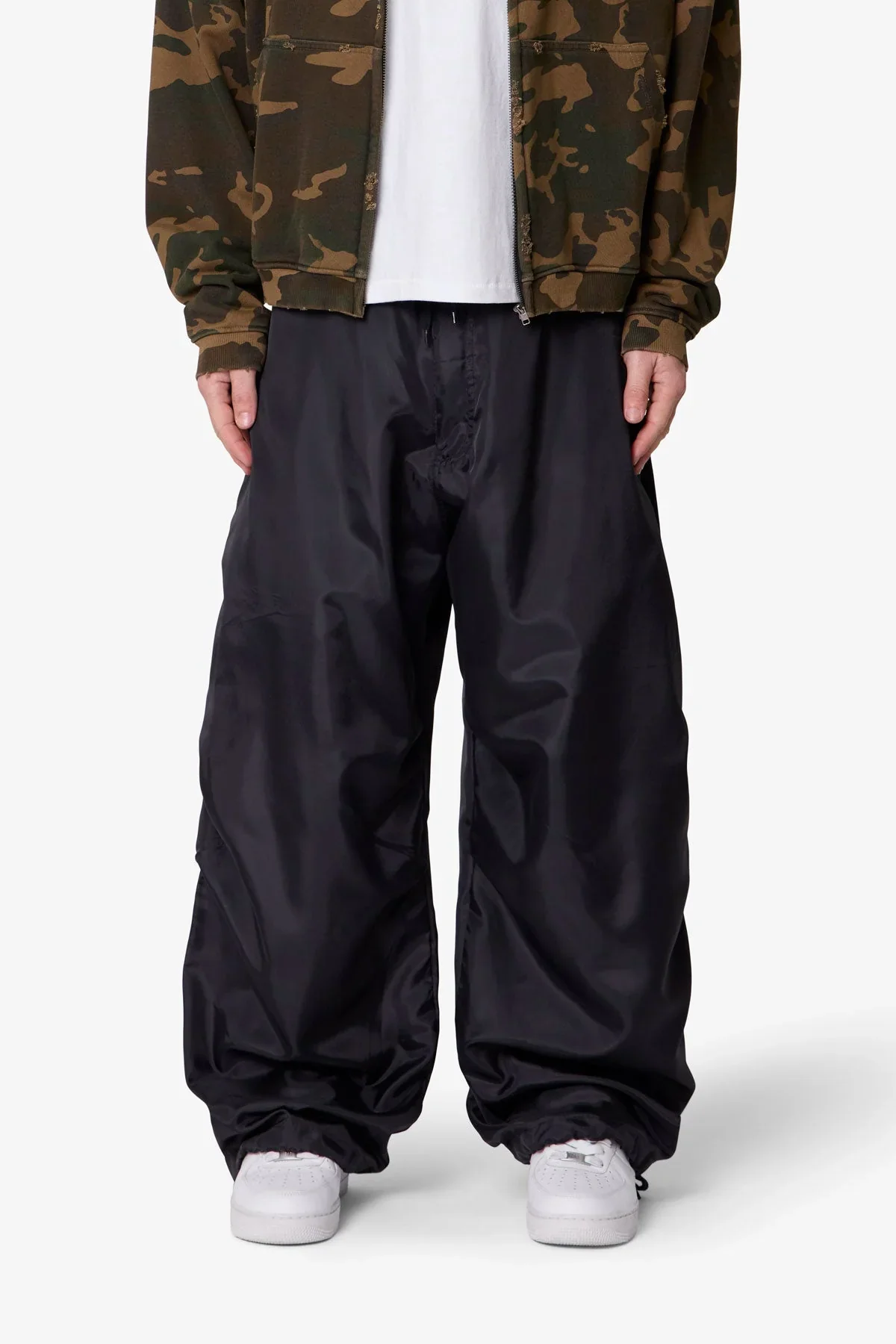 Cinched Baggy Nylon Pants - Black