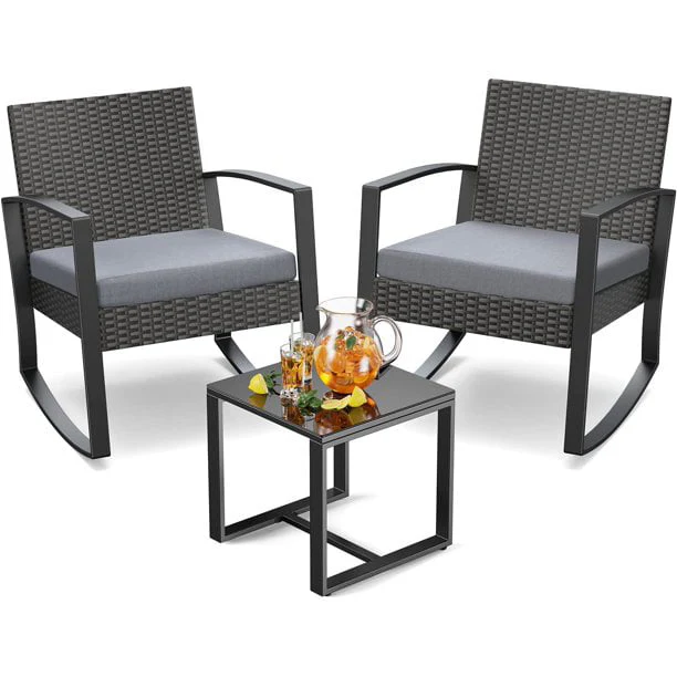 Patio Chairs Set, Outdoor Porch Balcony Furniture Set with Glass Coffee Table, Patio Rocking Wicker Chairs Set with Gray Cushion(Upgraded)(Gray)