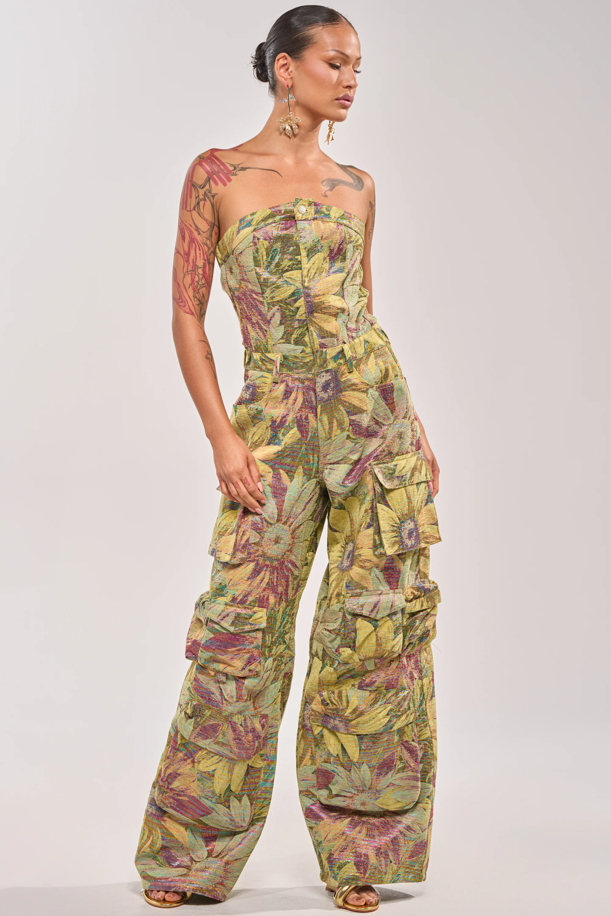 SMELL THE FLOWERS BROCADE STRAPLESS JUMPSUIT - Akira Store