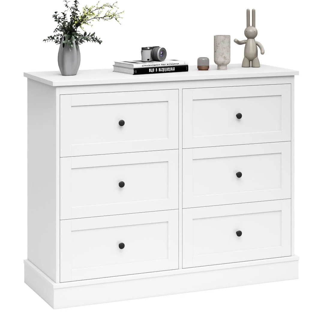 6 Drawer Double Dresser White, Wood Storage Cabinet for Living Room, Chest of Drawers for Bedroom