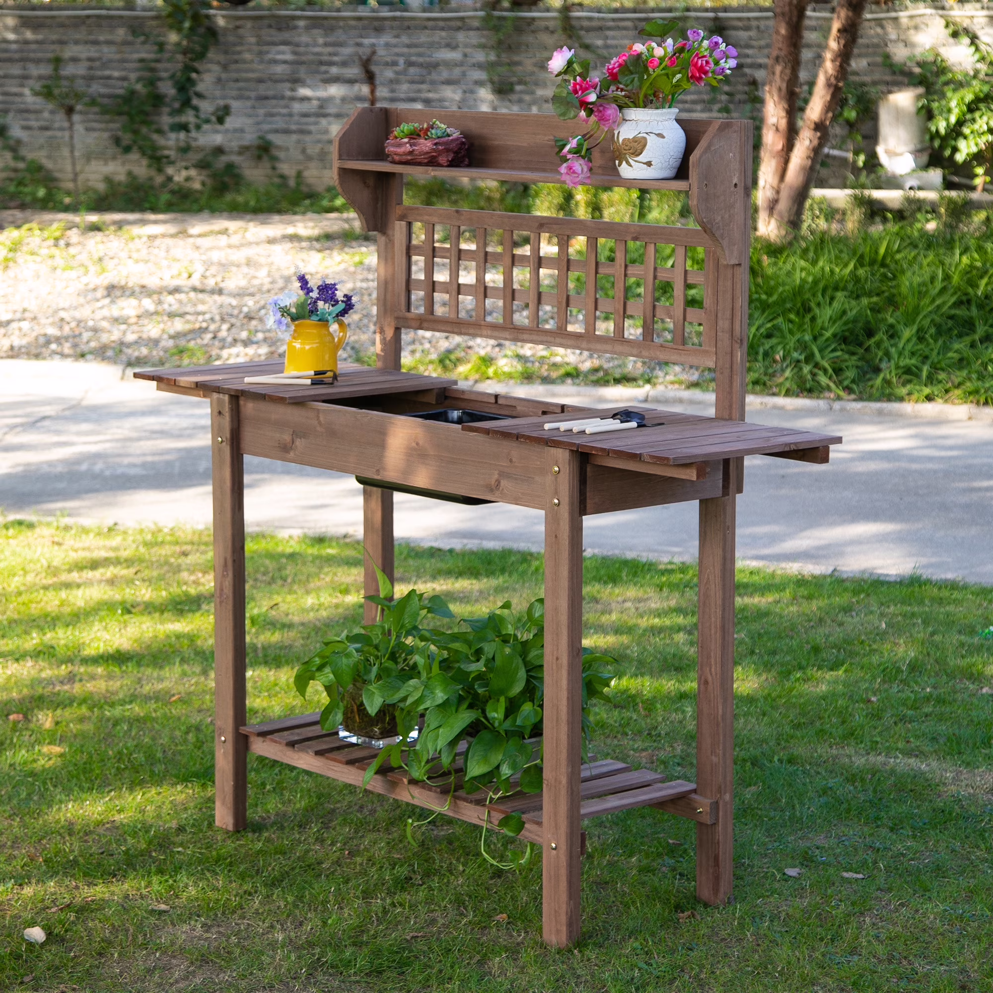 Outsunny Outdoor Potting Bench Table, Wooden Workstation with Sliding Tabletop, Storage Shelf and Dry Sink, for Greenhouse, Garden, Patio, Brown