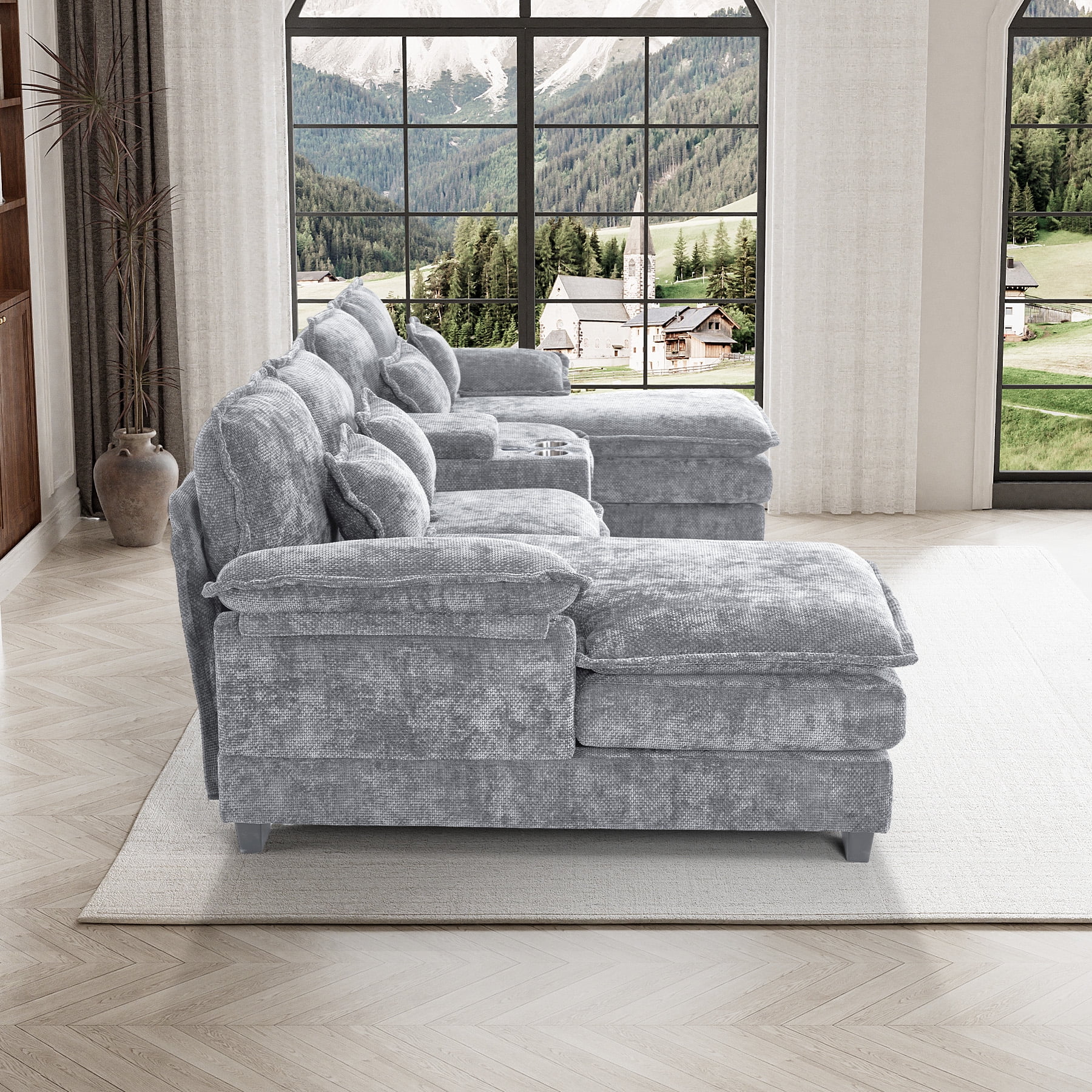 U Shaped Cloud Couch Modular Sectional Sofa 124" Extra Deep Fluffy Chenille Double Chaise Lounge, Central Console w/ Dual USB-C A Ports, Storm Gray(Grey) - Image 10