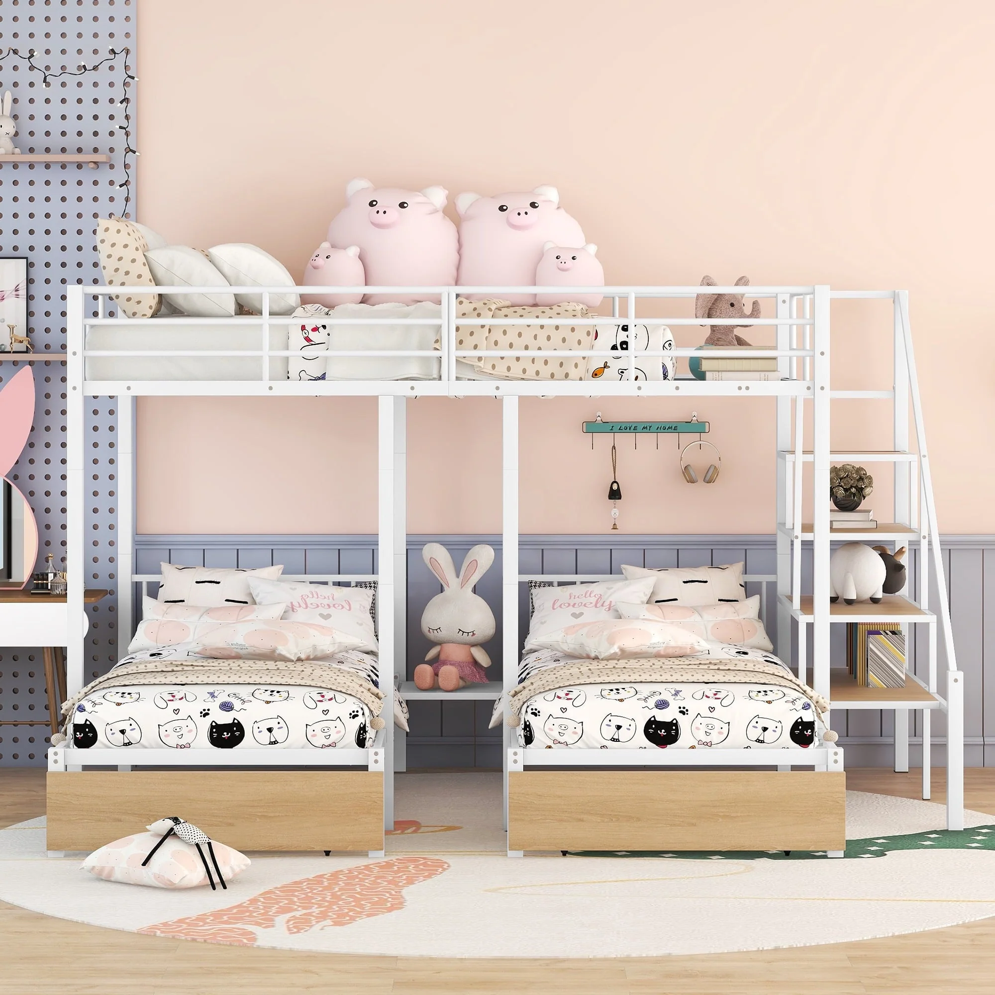 Bellemave Triple Bunk Bed with Stairs, Metal Full Over Twin - Twin Bunk Bed with Storage Drawers, Heavy - Duty Bunk Bed for 3 Kids, Teens, Boys & Girls (White)