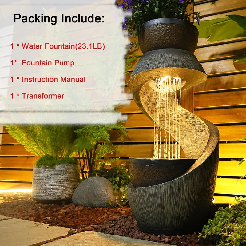 Outdoor Water Fountain Modern Curved Waterfall S-Shaped Freestanding Fountain with Bowl Planter for Patio Deck Garden Yard Home Decor - Image 2