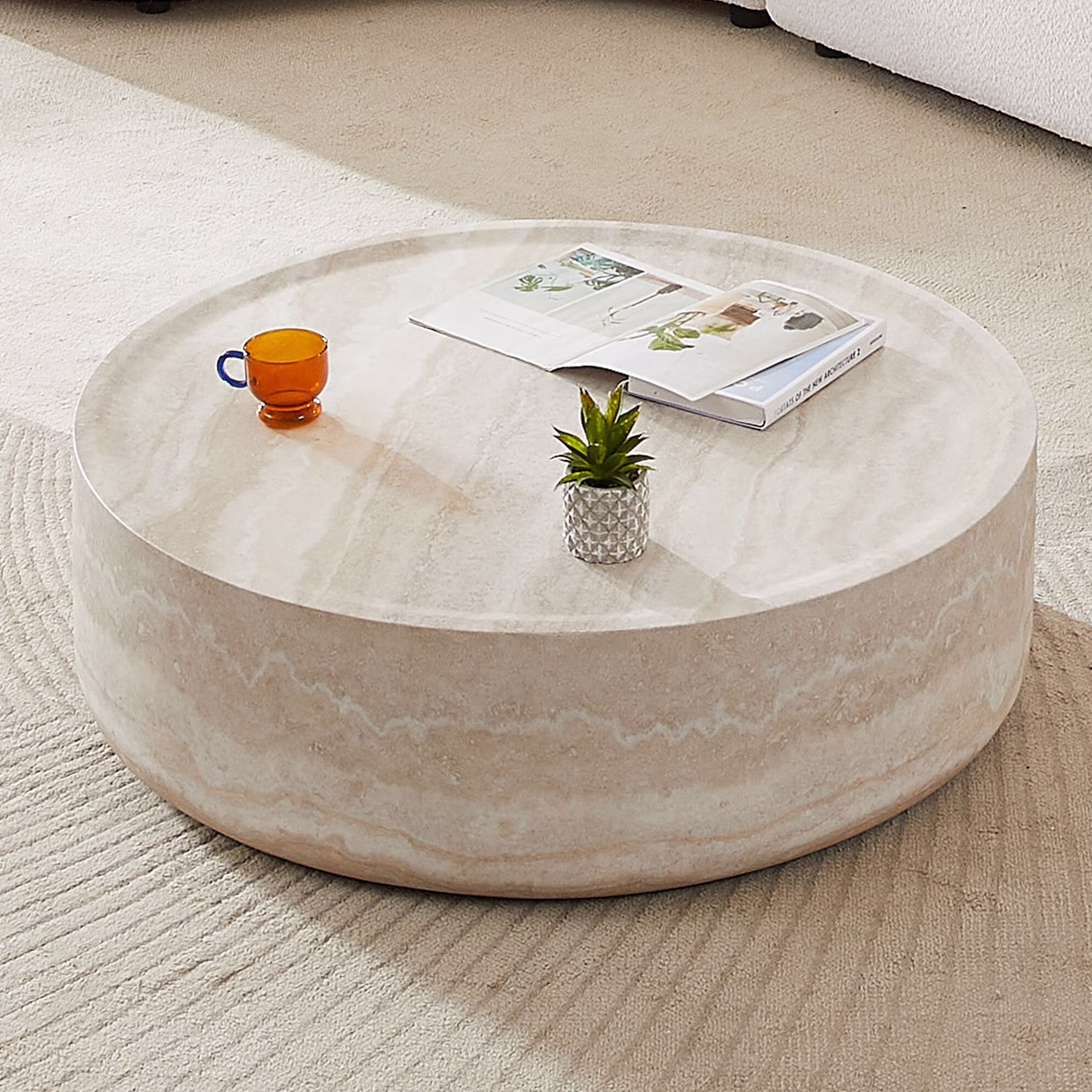 31.49'' Round Coffee Table with Marble Texture, Modern Low Drum Circle Fiberglass Coffee Table, Side Table Accent Table for Living Room, Outdoor, No Need Assembly, Marble