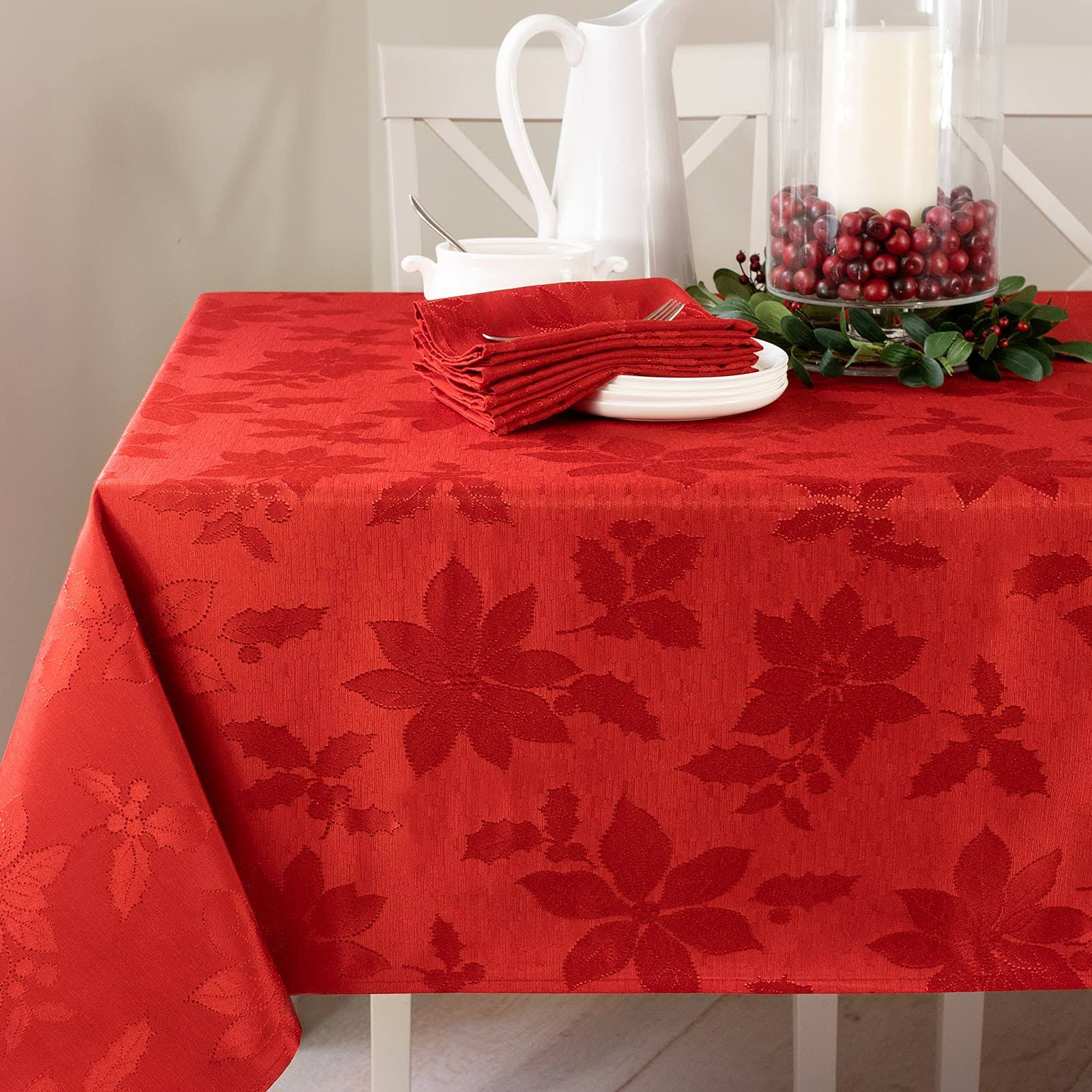Benson Mills Poinsettia Legacy Damask Christmas Tablecloth (60