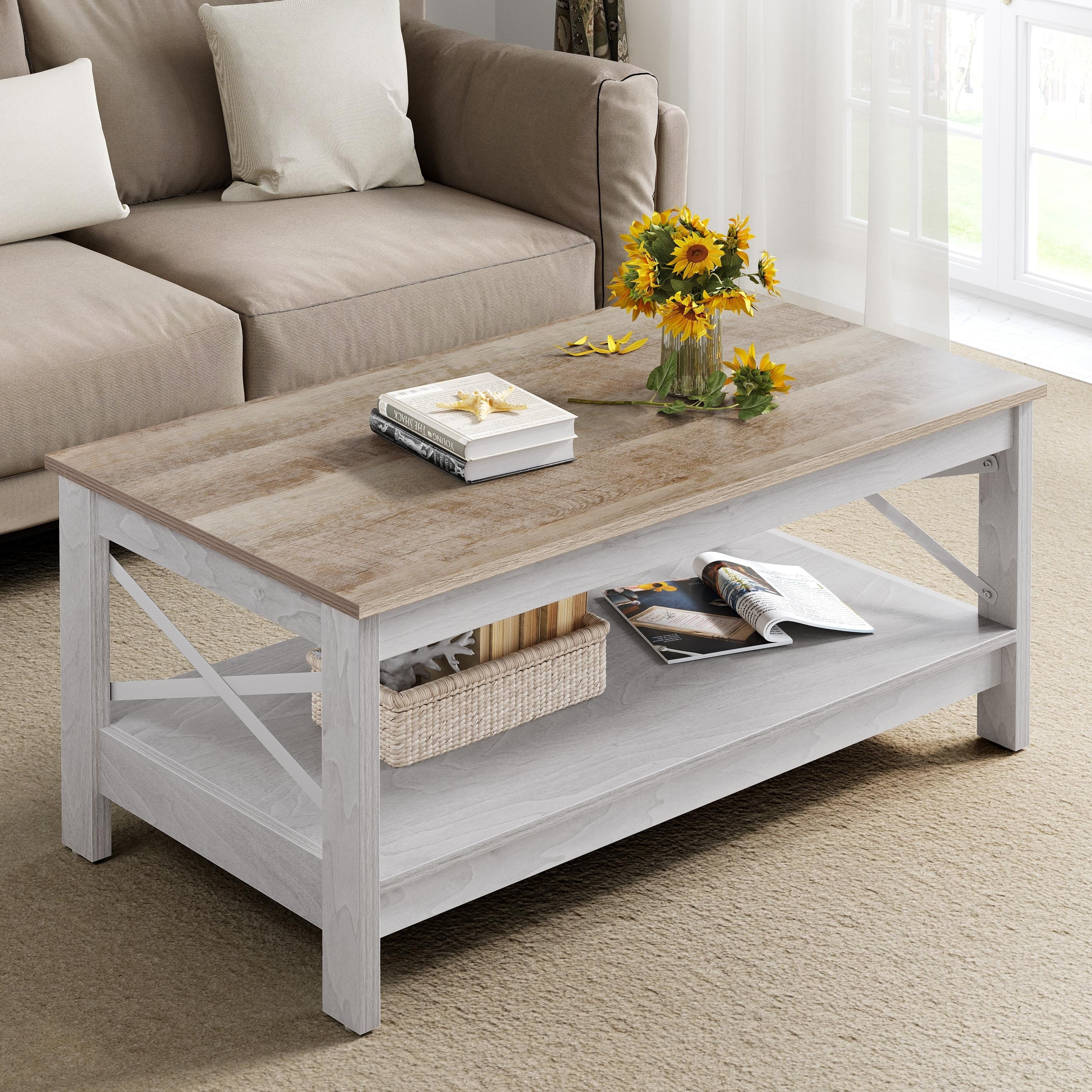 Farmhouse Coffee Table with Storage 2-Tier Center Table for Living Room Grey Wash Top+White(Grey Wash Top+White) - Image 4