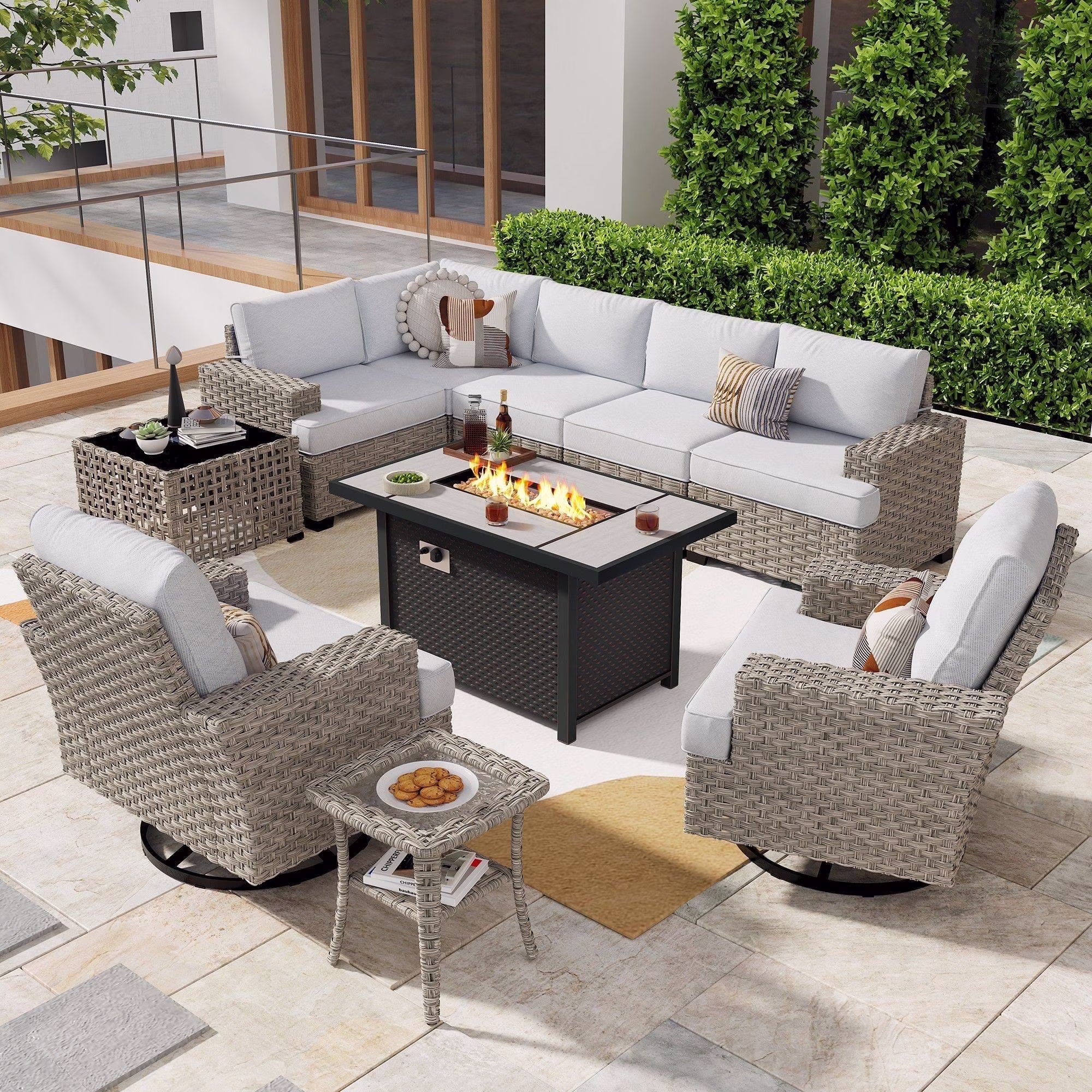 10 Pieces Outdoor Patio Furniture Modern High-Back All-Weather Wicker Sectional Conversation Set with Propane Fire Pit Table Swivel Chair, Dark Gray(Dark Gray) - Image 9