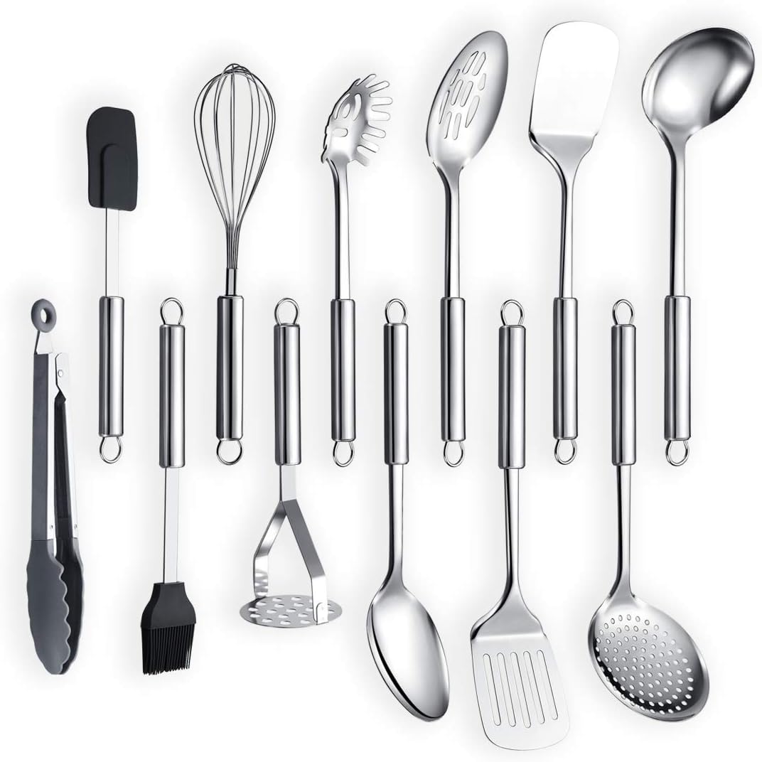 Berglander Cooking Utensil Set 8 Piece, Stainless Steel Kitchen Tool Set with Stand, Cooking Utensils, Slotted Spoon, Ladle, Skimmer, Serving Spoon, Pasta Server, Potato Masher, Egg Whisk（8 Pieces）