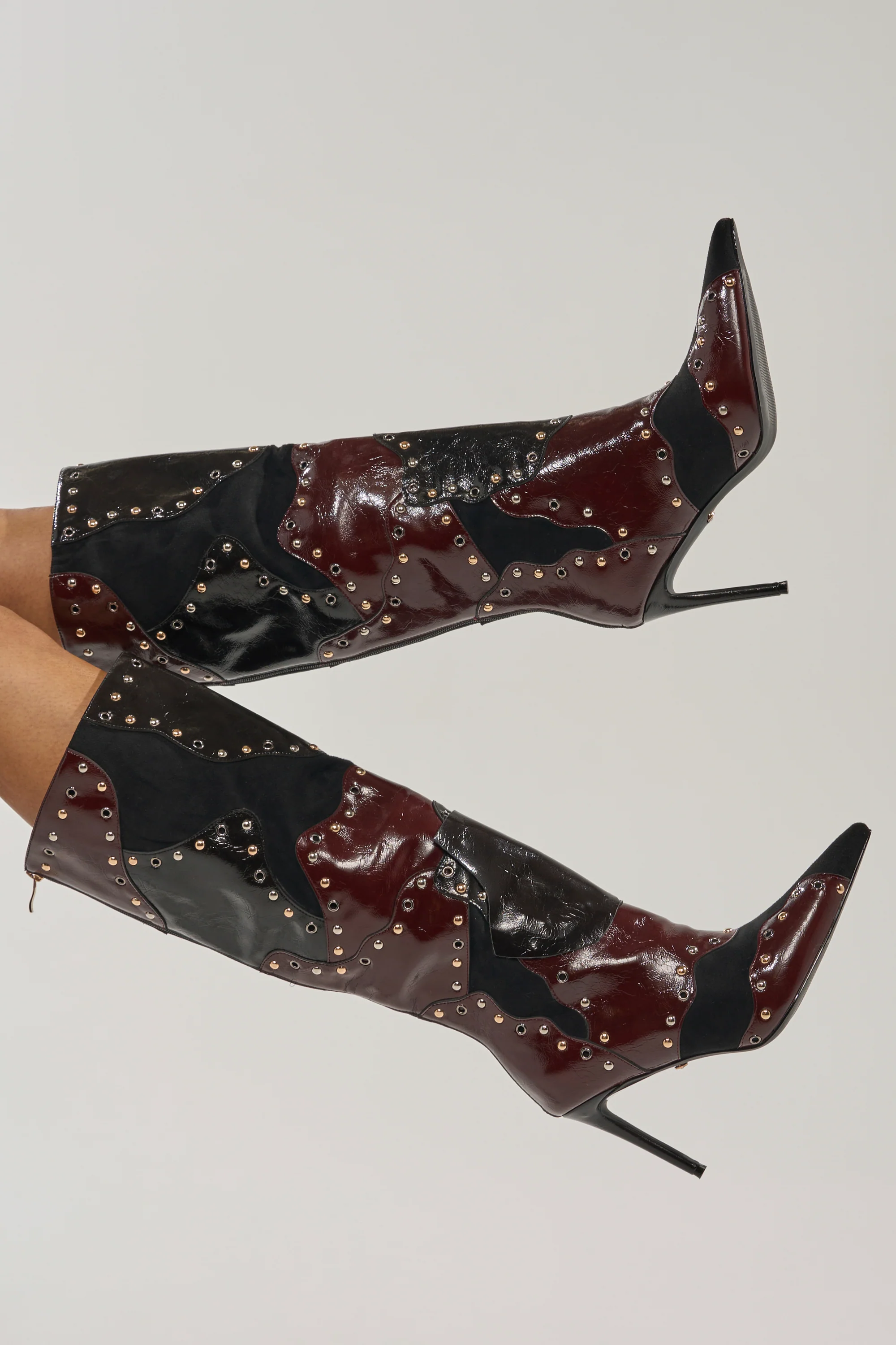 AKIRA GOLD ENYAE MAHOGANY MULTI PATCHWORK STILETTO BOOT - Akira Store