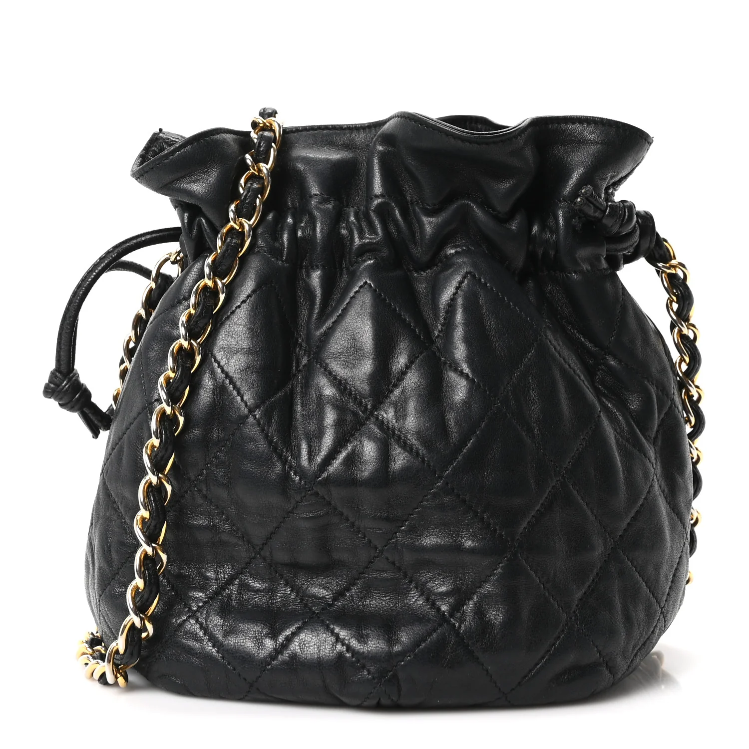 Lambskin Quilted Mini Drawstring Bucket Bag Black