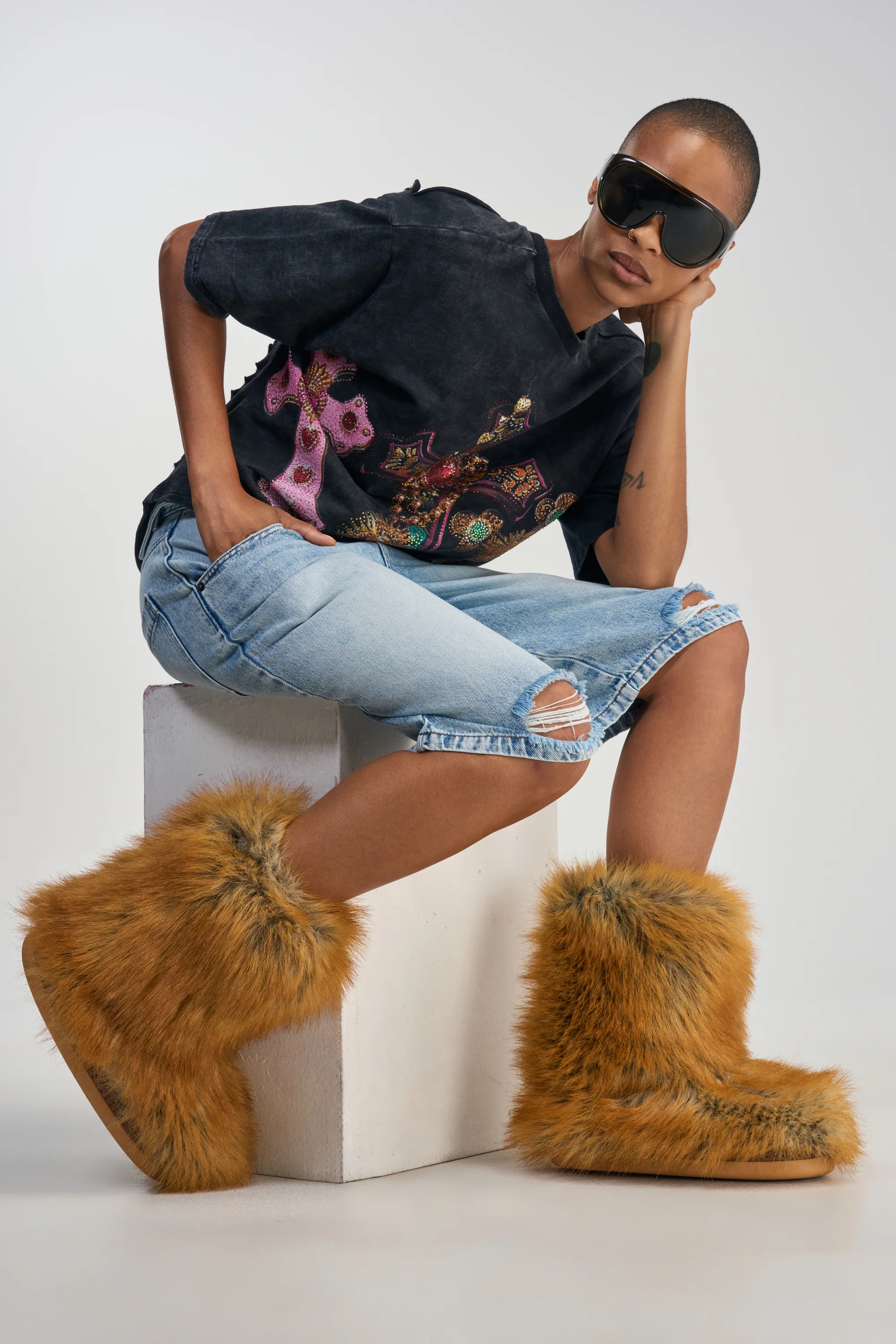 AZALEA WANG NADIANNA TAN FLAT FUR BOOTIE - Akira Store