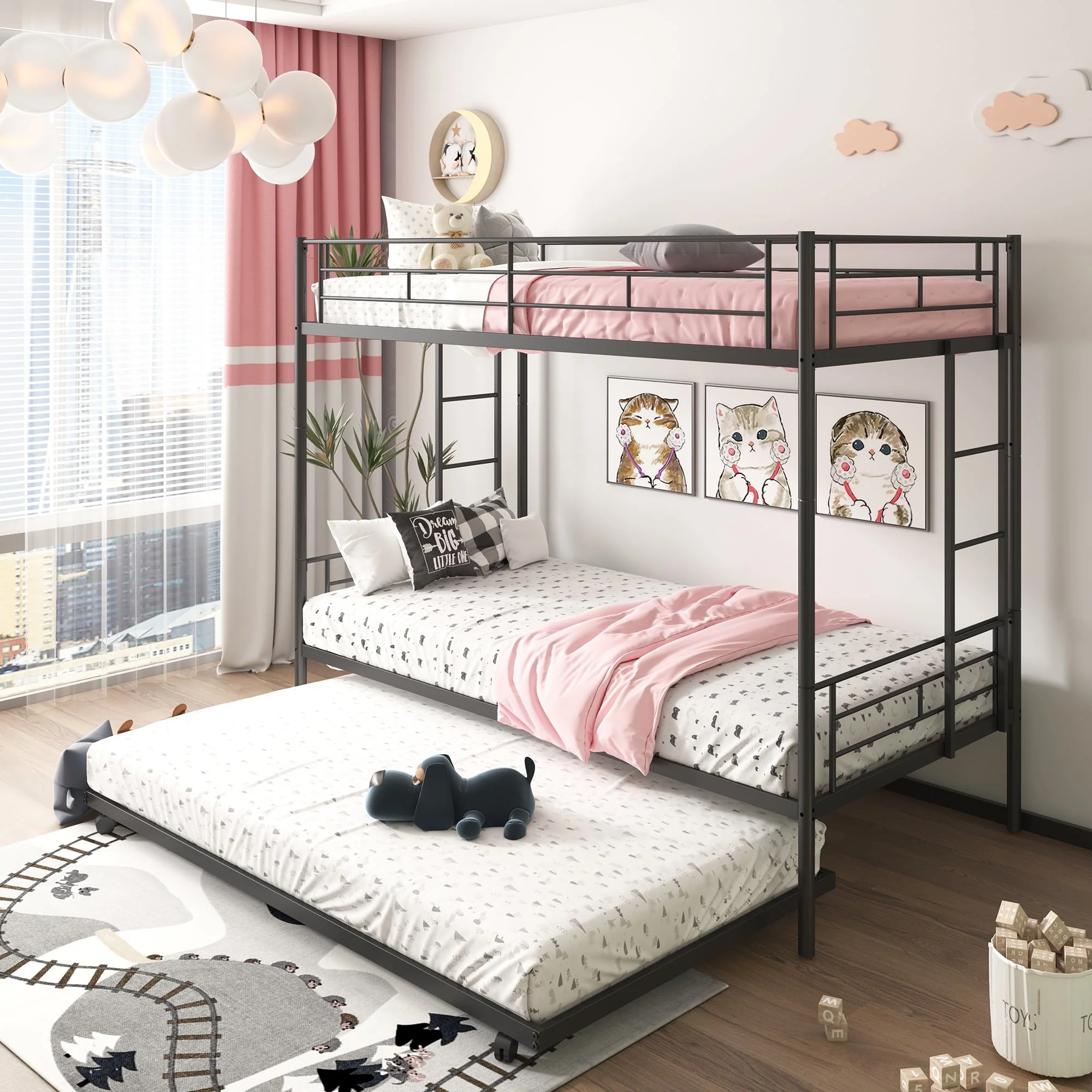 Twin Over Twin Bunk Bed with Trundle, Metal Bunk Beds for Kids Adults Teens, Bed Frame Can Be Divided Into 2 Twin Beds with 2 Side Ladders, Metal Support Slat, Safety Guard Rail, Black Image 2