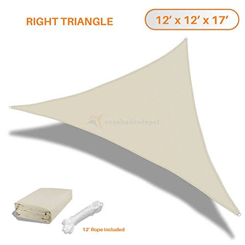 Tang Sunshades Depot 12x12x17 Right Triangle Waterproof Knitted Shade Sail Curved Edge Beige 260 GSM UV Block Shade Fabric Pergola Carport Awning