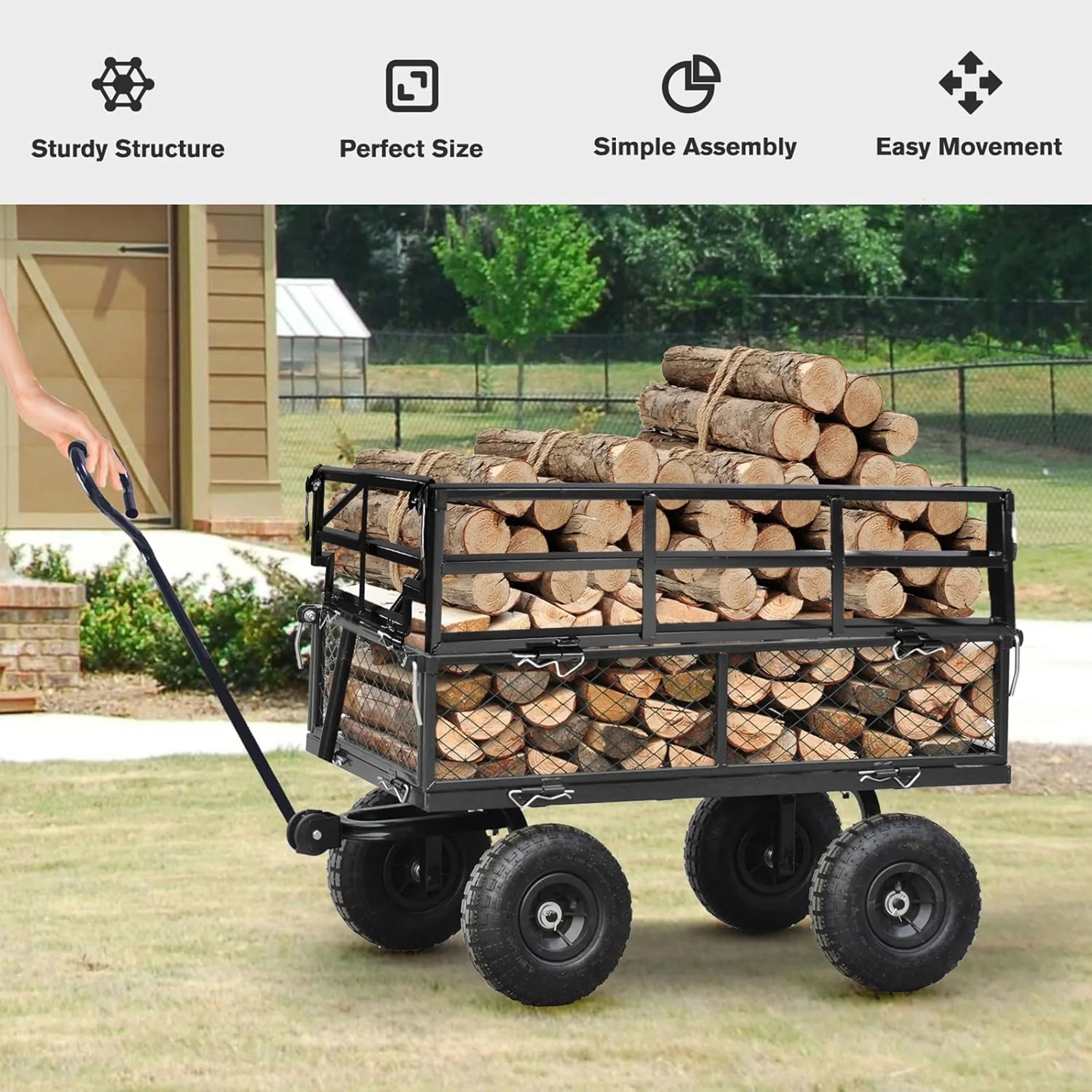 Furnibear Heavy Duty Steel Garden Cart 1500lbs Capacity, 6.35 cu ft, 40.55 x 27.56 Folding Utility Wagon with Double-Layer Removable Side, Black