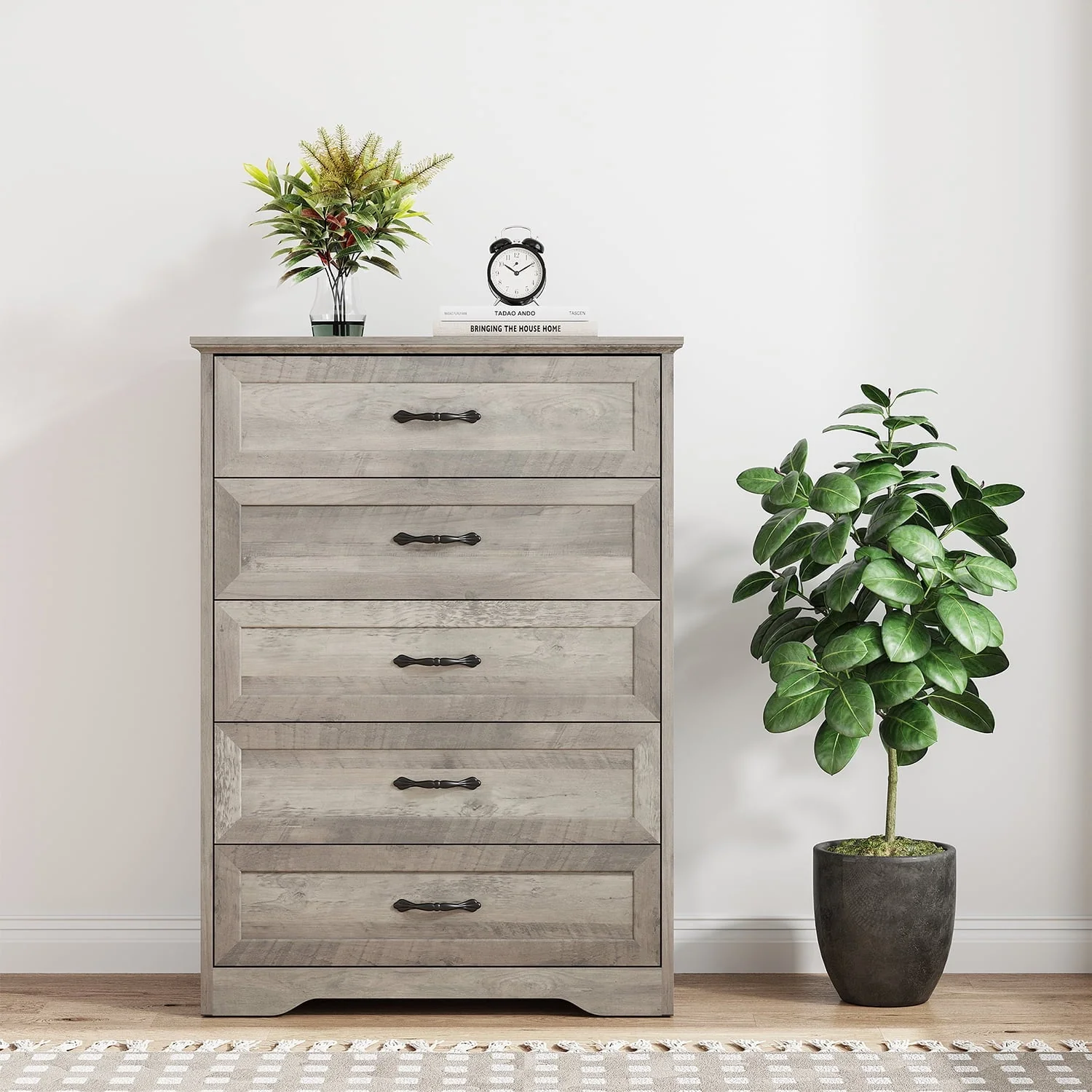 Dresser for Bedroom with 5 Drawers, Tall Wood Drawer Dresser Chest of Drawers for Closet, Living Room, Hallway, Nursery, Kids Bedroom, Grey(5 Drawers chest) - Image 5