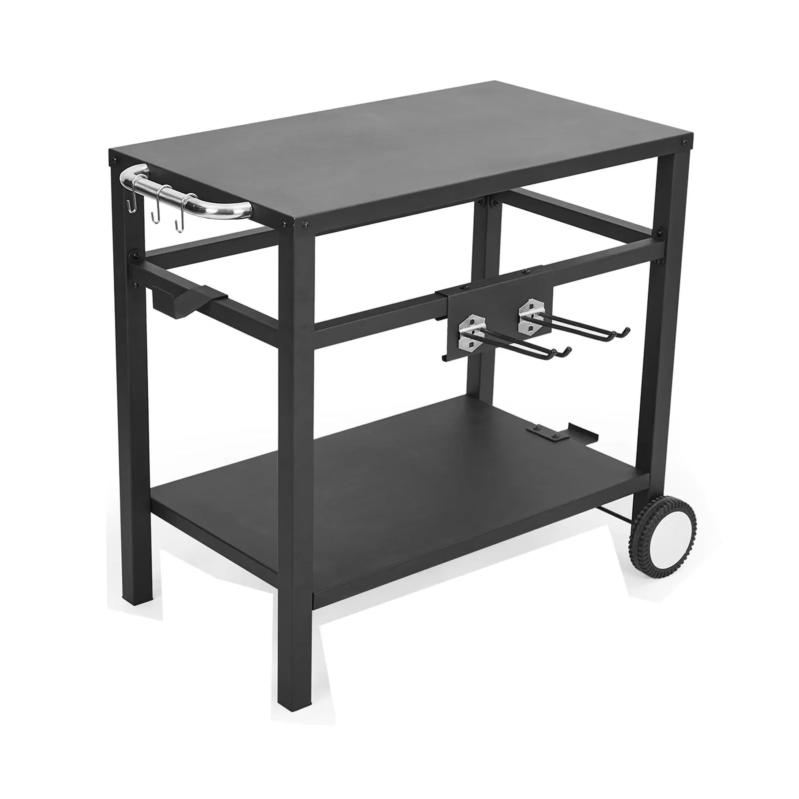 Outdoor Grill Cart Pizza Oven Stand, Double Shelf Outdoor Movable Dining Cart Table Outdoor with Wheels Hooks, Side Handle, Stainless Steel Kitchen Work Table Cart for Bar, Patio, Camping(Black)(Black)
