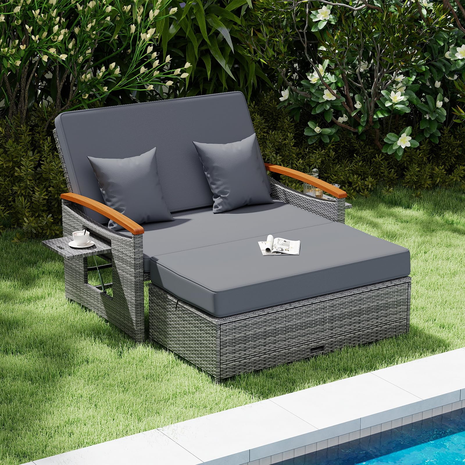 Tangkula Patio Rattan Daybed with 4-Level Adjustable Backrest