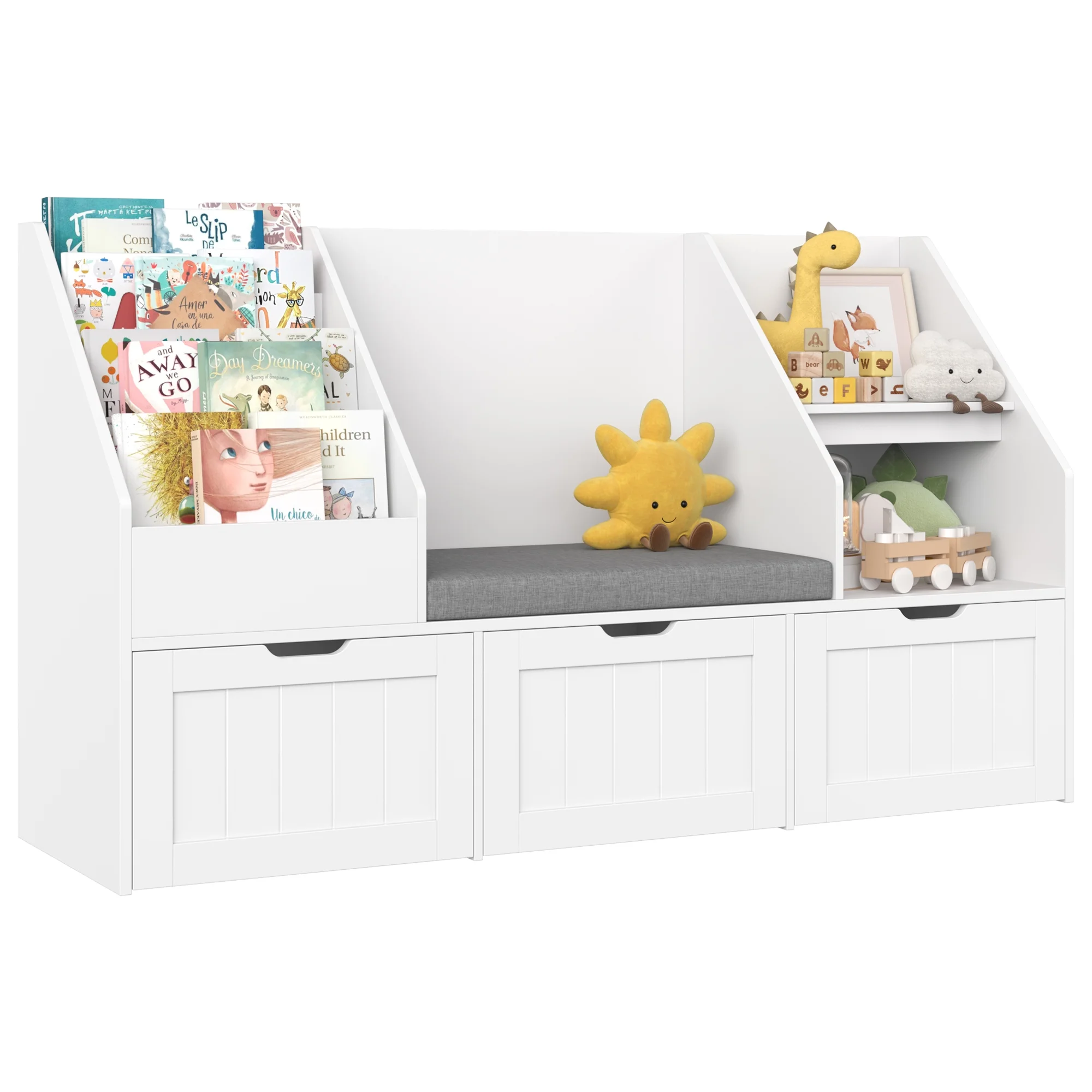 Kids Bookshelf with Reading Nook 3 Movable Drawers, 2 Cube Bookcase with 4-Tier Book Racks, Toy Storage Organizer for Playroom Bedroom, White(White) - Image 2