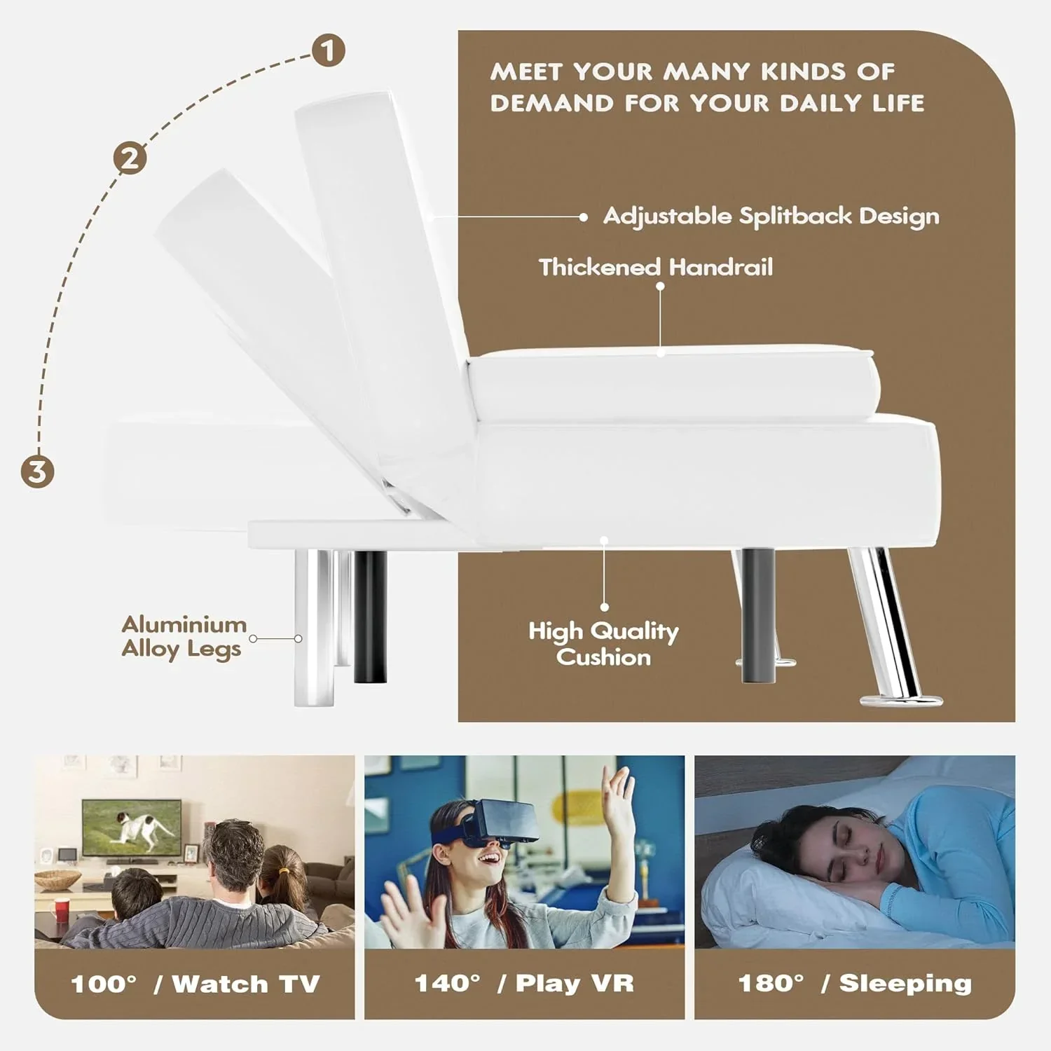 Canapé-lit futon Homall en cuir avec accoudoirs et fauteuil inclinable réglable