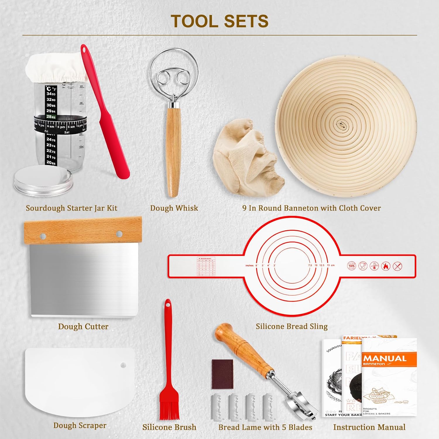 Complete Sourdough Starter Kit, Bread Baking Supplies, 9'' Round Banneton Bread Proofing Basket with Glass Sourdough Starter Jar & Tools, Bakery Accessories for Bread Making and Baking Fermentation