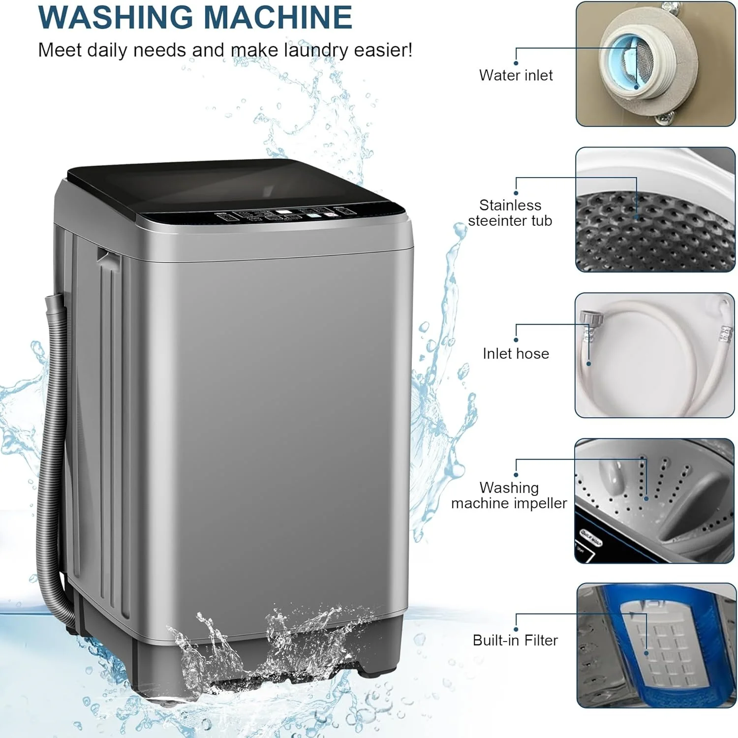 Portable Washing Machine, 25 lbs Full Automatic Washer with 10 Programs 8 Water Levels, Top Load Clothes Washing Machines with LED Display for Home, Apartment, Grey - Image 9