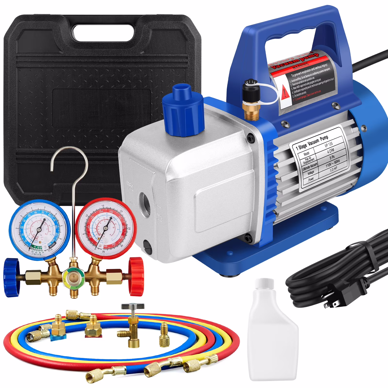 4 CFM AC Vacuum Pump and Gauge Set, for Mini Split/HVAC/Auto Systems,Manifold Gauge Kit Compatible with R134a R12 R22 R502, with R134a Can Tap
