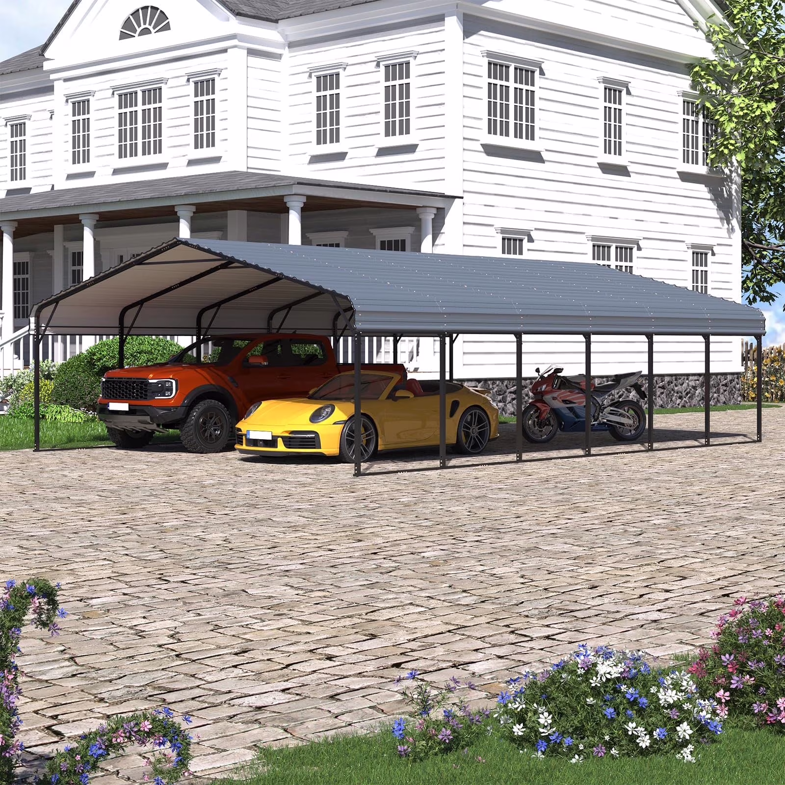 20x20ft Heavy Duty Carport, Steel Carport with Galvanized Steel Roof and Frame, Portable Garage for 2 Cars, Rv, Tractors and Boat, Gray(20' x 20') - Image 3