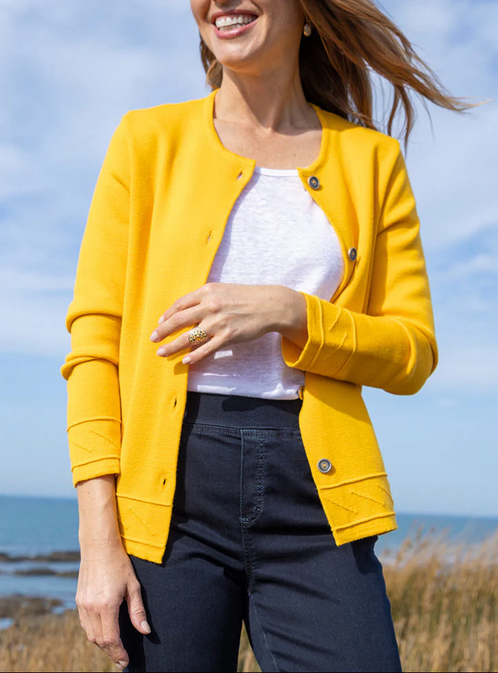 Veste courte femme en laine jaune soleil