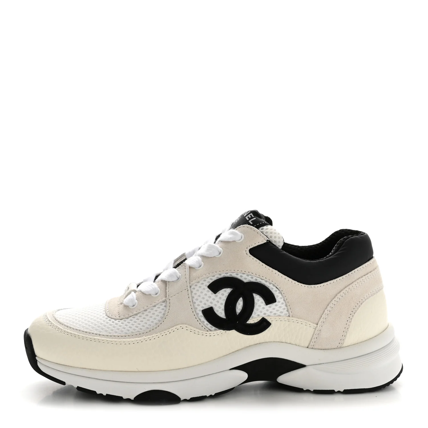Mesh Suede Grained Calfskin Womens CC Sneakers 38.5 White Black
