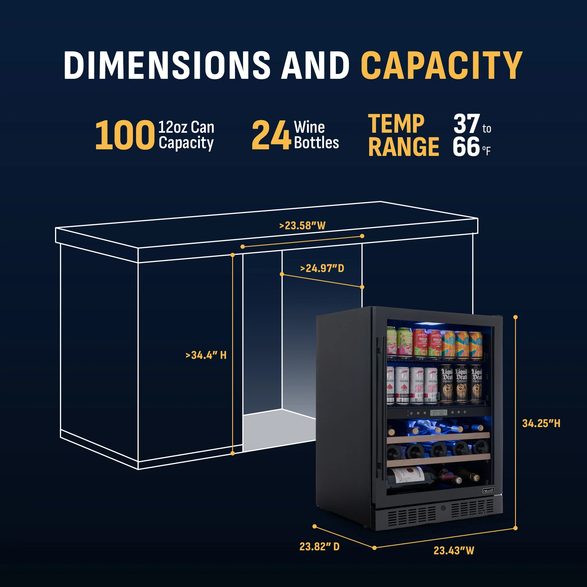 Newair 100-Can, 24-Bottle Built-in Dual Zone Black Beverage Fridge - 24