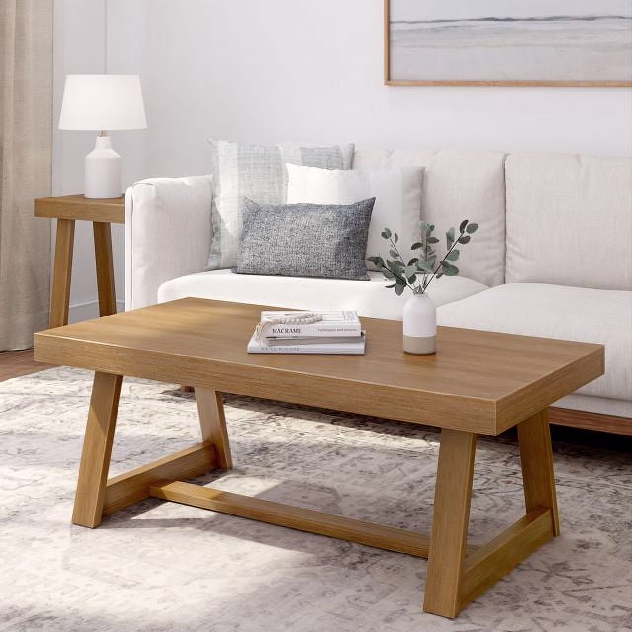 Farmhouse Coffee Table, 48" Solid Wood Tables for Living Room, Rectangular Center Table(White Sand Wirebrush) - Image 7