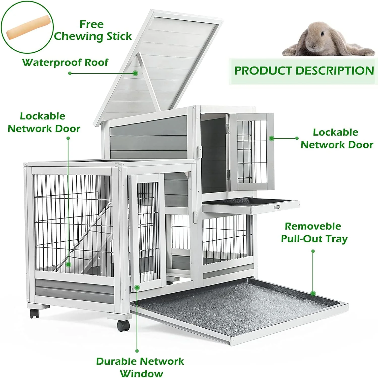 Indoor Rabbit Hutch Bunny Cage Large Pet House for Small Animal with Wheels Image 4