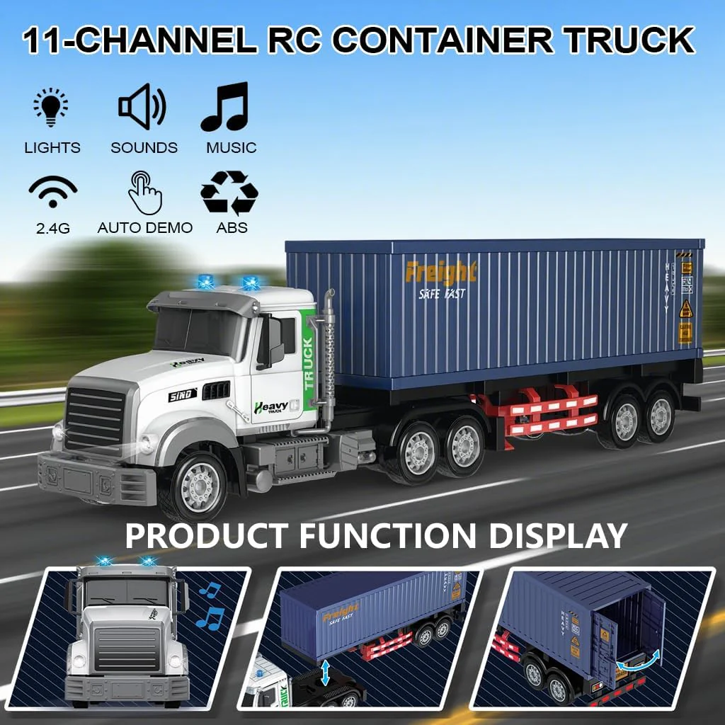 23.6-Inch 9-Channel Remote Control Semi Truck with Trailer - 1:24 Scale RC Container Carrier