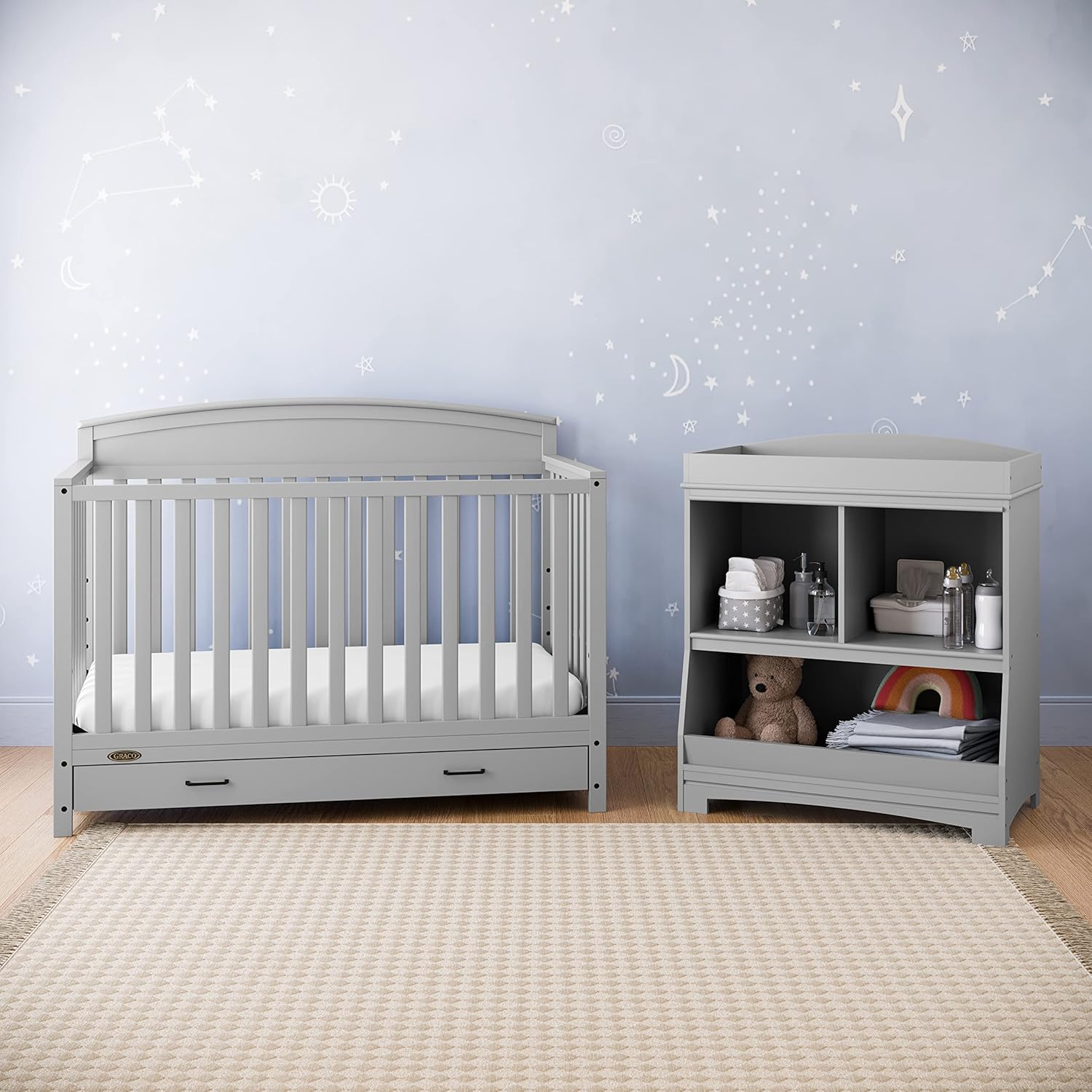 Lit bébé convertible 5 en 1 (avec tiroirs, blanc) - Certification Green Guardian Gold, tiroir de rangement intégré, convertible en lit enfant, lit de jour et lit une place