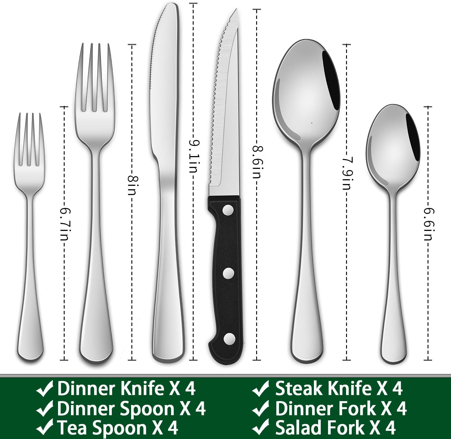 24-Piece Silverware Set with Steak Knives, Flatware Set for 4 People, Food-Grade Stainless Steel Cutlery Set, Includes Knife, Spoon and Fork, Mirror-Finished Utensil Sets for Home and Restaurant