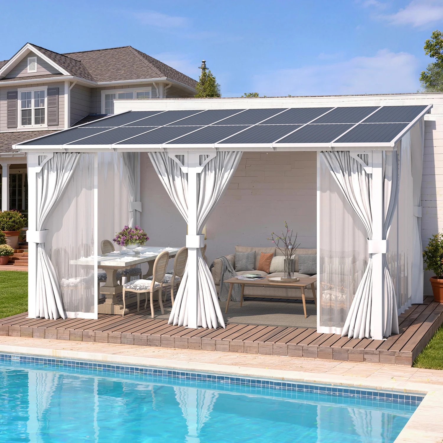 AECOJOY 14'x10' Wall Gazebo with Curtains and Mosquito Netting, White