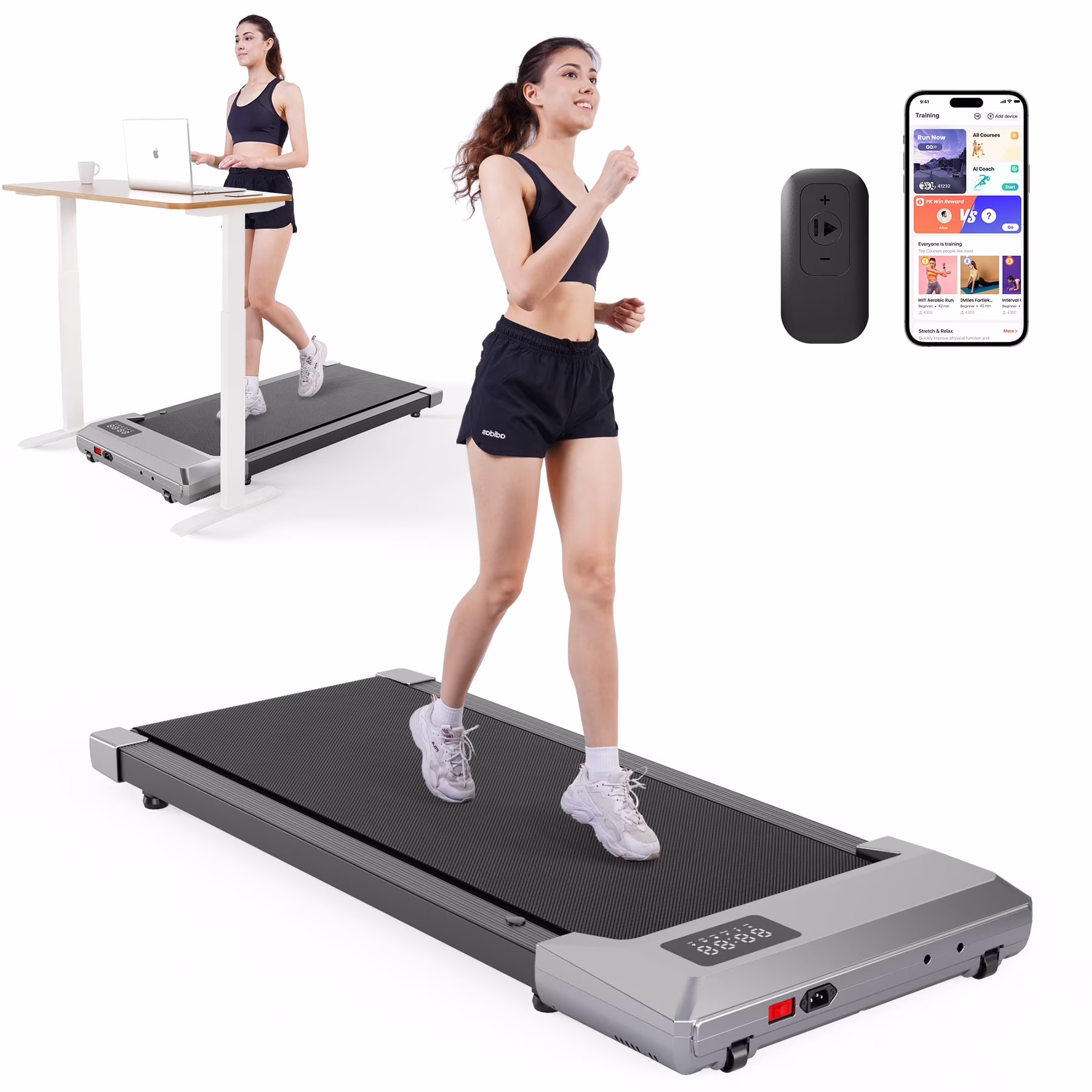 Walking Pad 2 in 1 Under Desk Treadmill, 2.5HP Low Noise Walking Pad Running Jogging Machine with Remote Control for Home Office, Lightweight Portable Desk Treadmill Installation Free(Grey-APP-06)