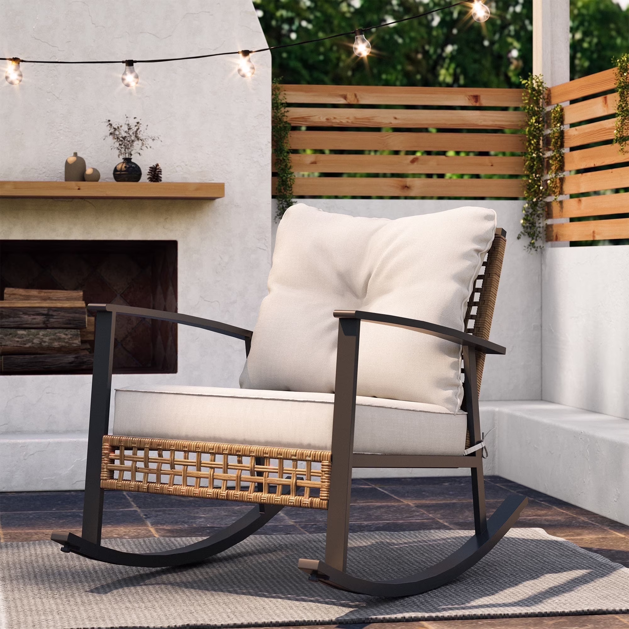 Outdoor Rocking Chair, Patio PE Rattan Chair with Beige Cushions(Single)