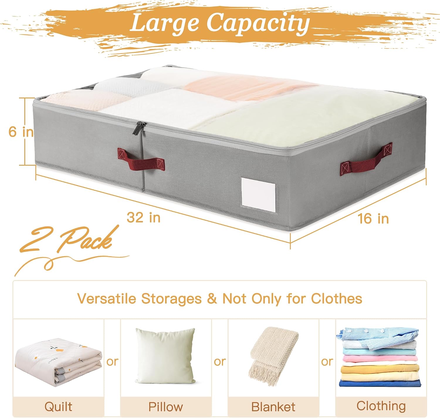 Criusia Under Bed Storage Bins with Clear PVC Lids – 2 Pack Large Underbed Organizers with Heavy-Duty Handles, Reinforced with 800G PP Panels & 80G Non-Woven Fabric – Waterproof & Foldable, Gray