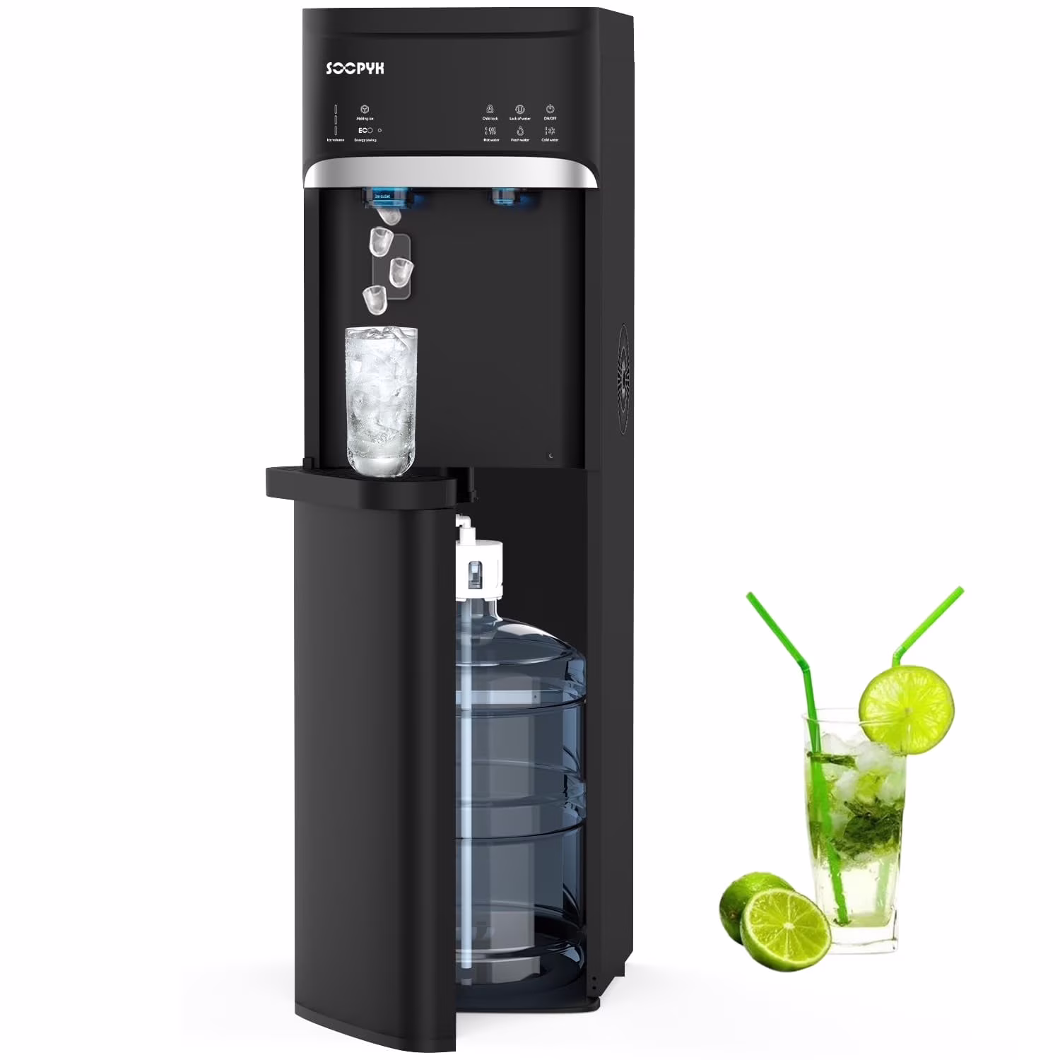 3 in 1 Hot and Cold Water Dispenser with Ice Maker Bottom Load for 3 or 5 Gallon Bottle 22lbs Daily Capacity Bullet-Shaped Ice, Black(Black)
