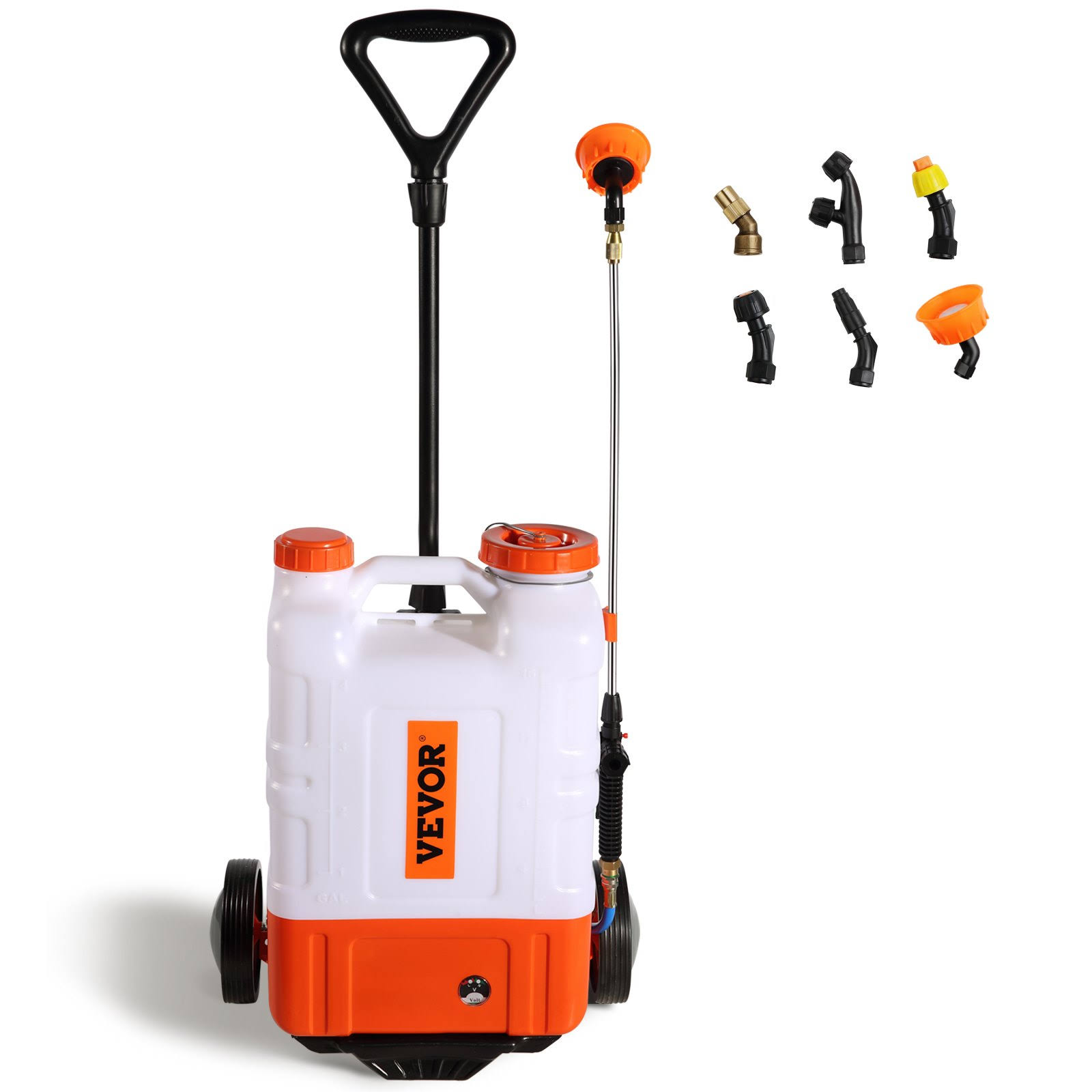 VEVOR Battery Powered Backpack Sprayer with Cart, 0-94 PSI Adjustable Pressure, 4 Gallon Tank On Wheels, with 8 Nozzles and 2