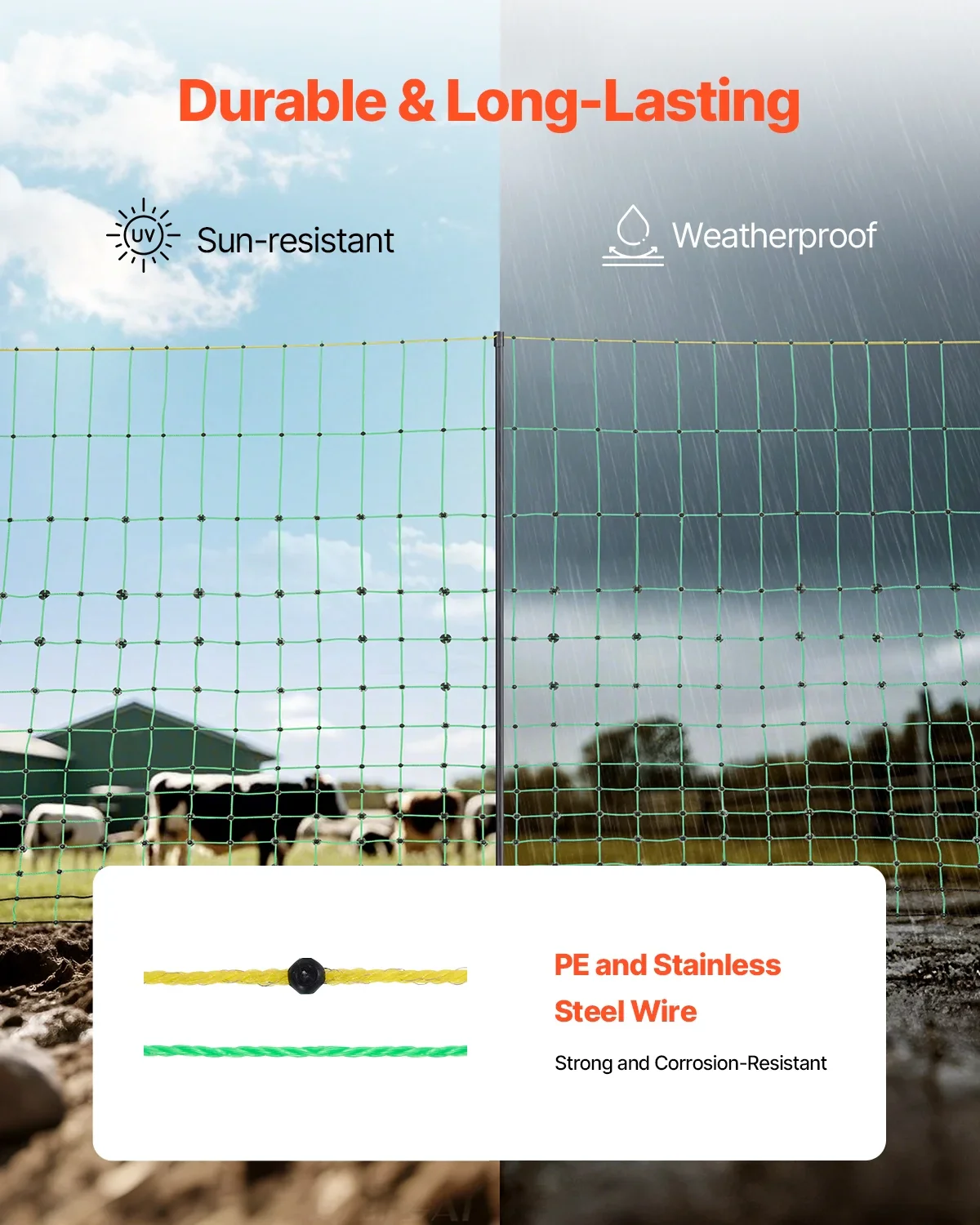 KFFKFF Powered Mesh Barrier, 35 Height x 164' Length, PE Grid Barrier with Poles & Twin-Pronged Pegs, Handy Movable Netting for Goats, Sheep, Lambs, Deer, Hogs, Dogs, Suitable for Home Gardens, Farm