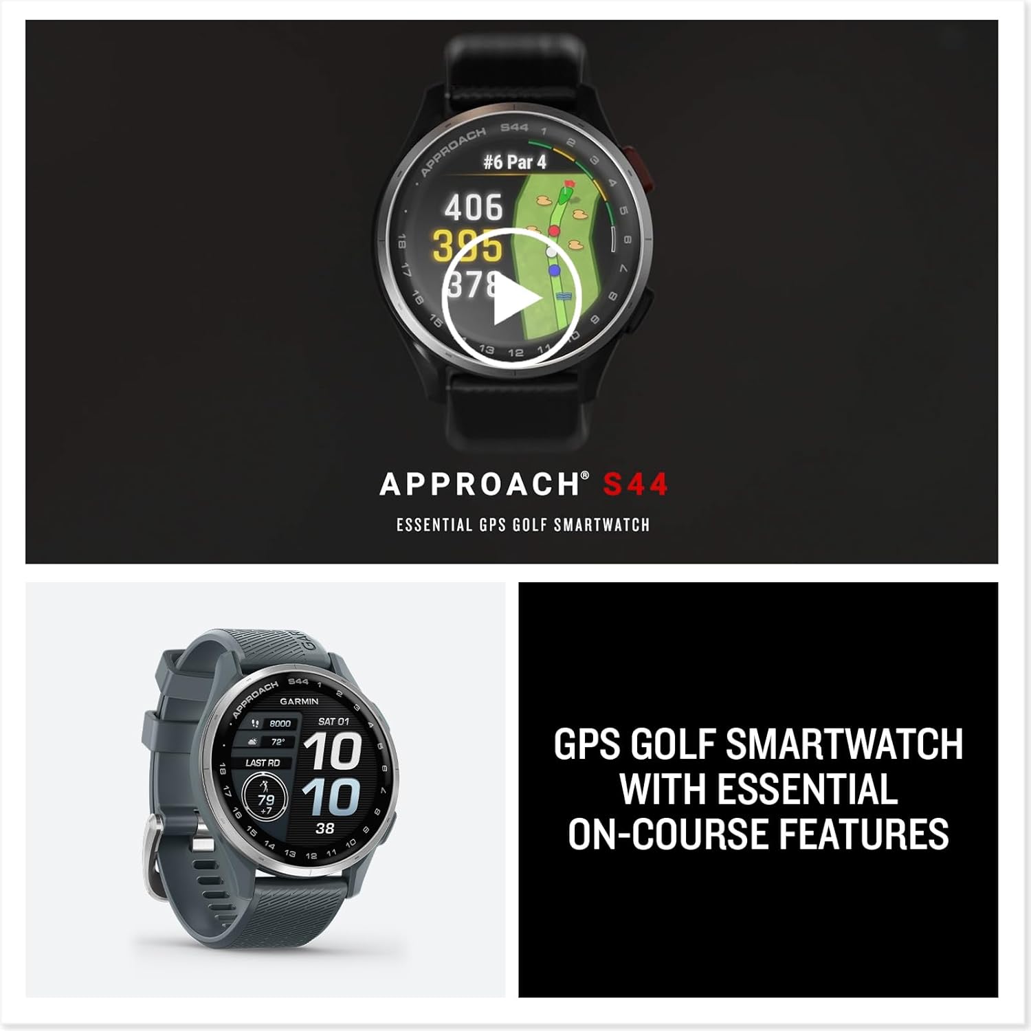 Garmin Approach® S44  Essential Golf GPS Smartwatch  AMOLED Display  On-Course Features  Silver Aluminum Bezel with Black Silicone Band